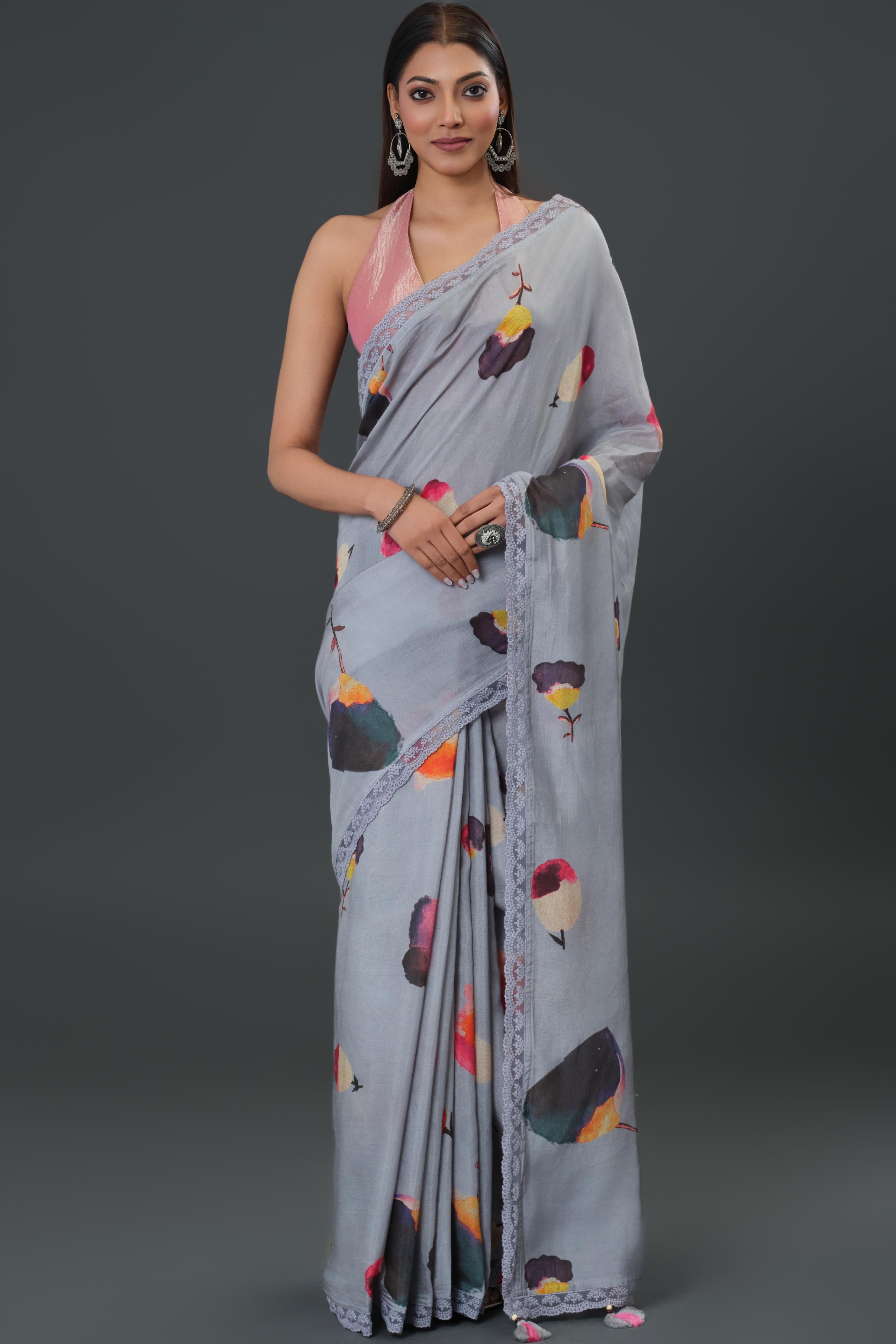 Greyish Floral Printed Muslin Silk Saree