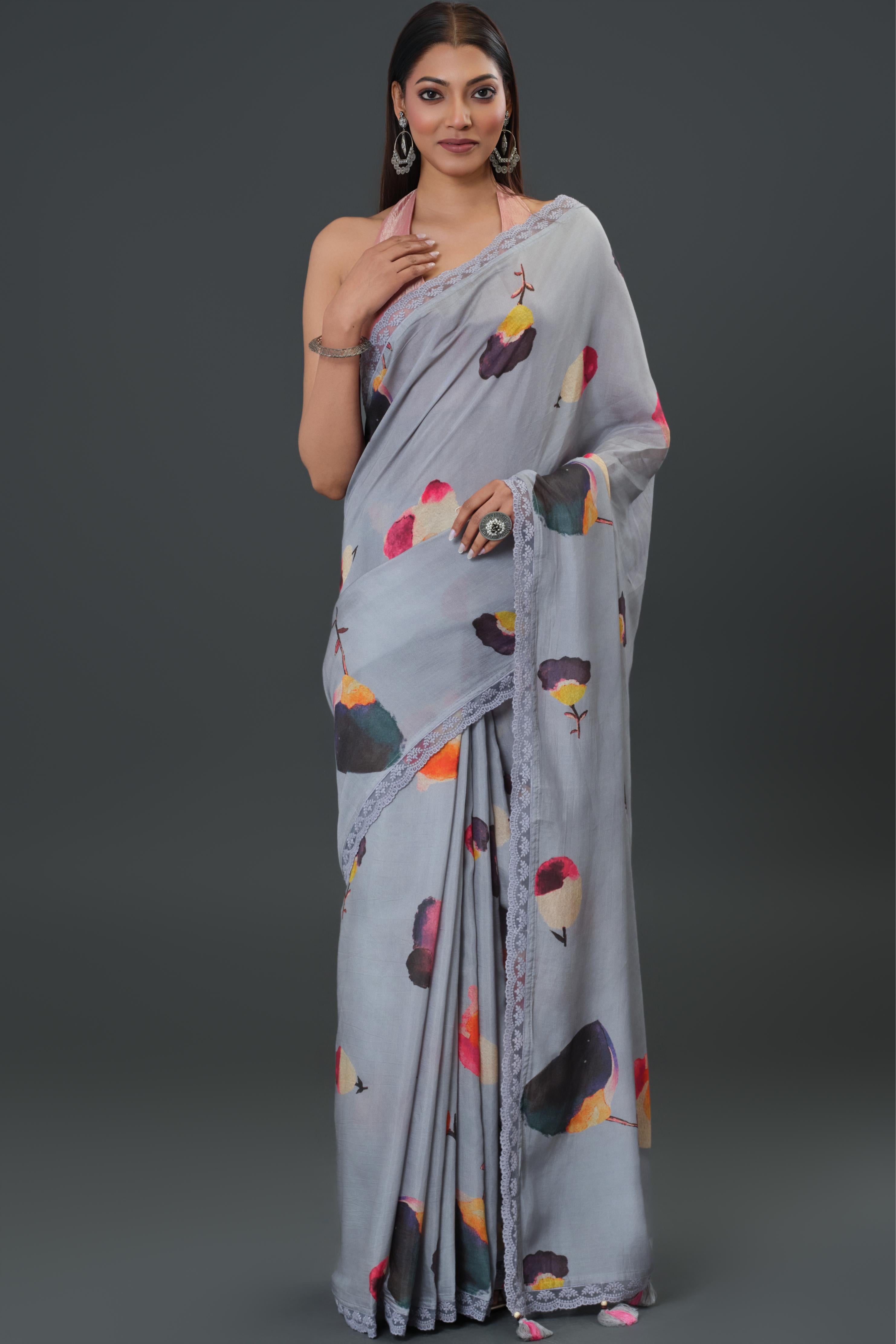Greyish Floral Printed Muslin Silk Saree