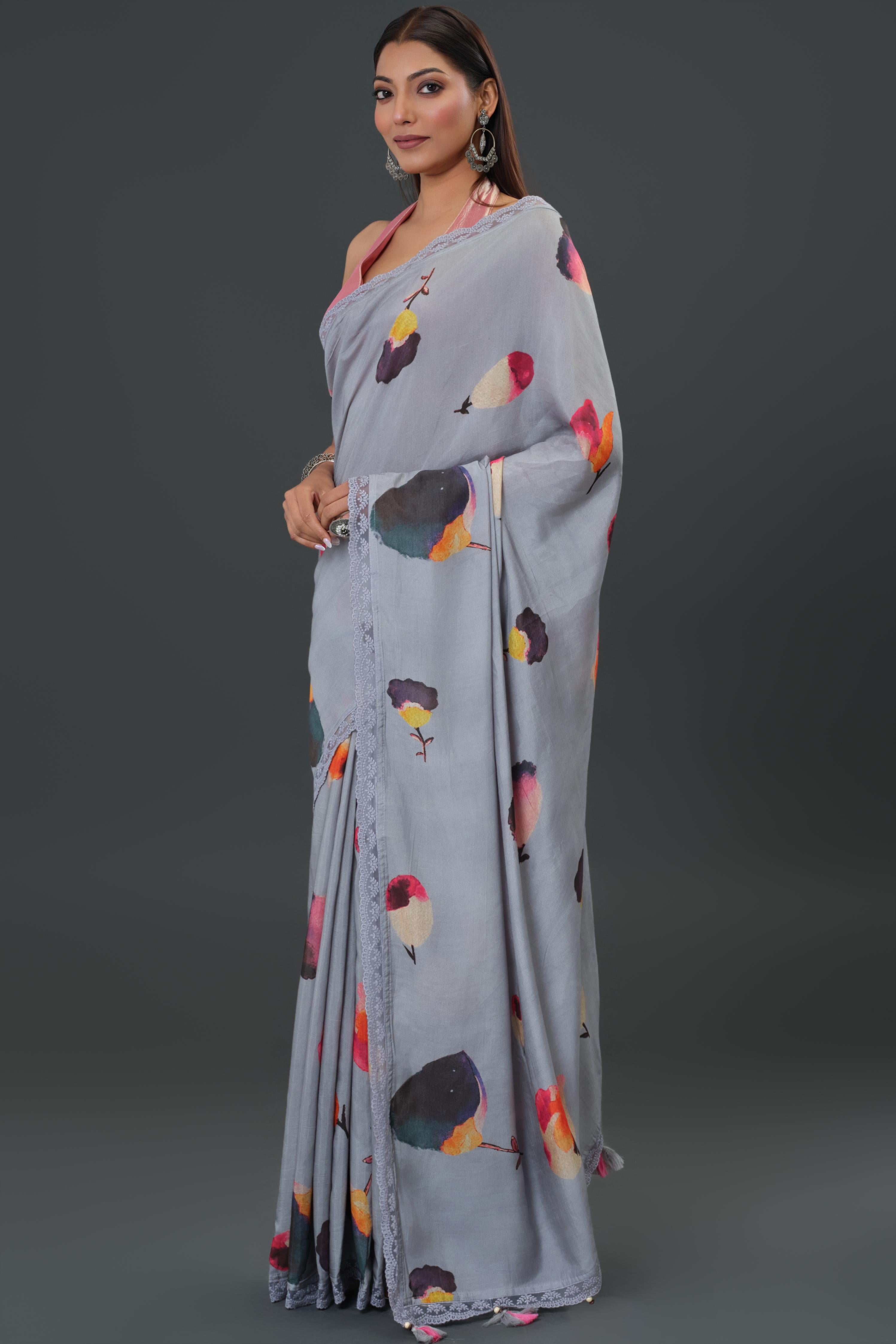 Greyish Floral Printed Muslin Silk Saree