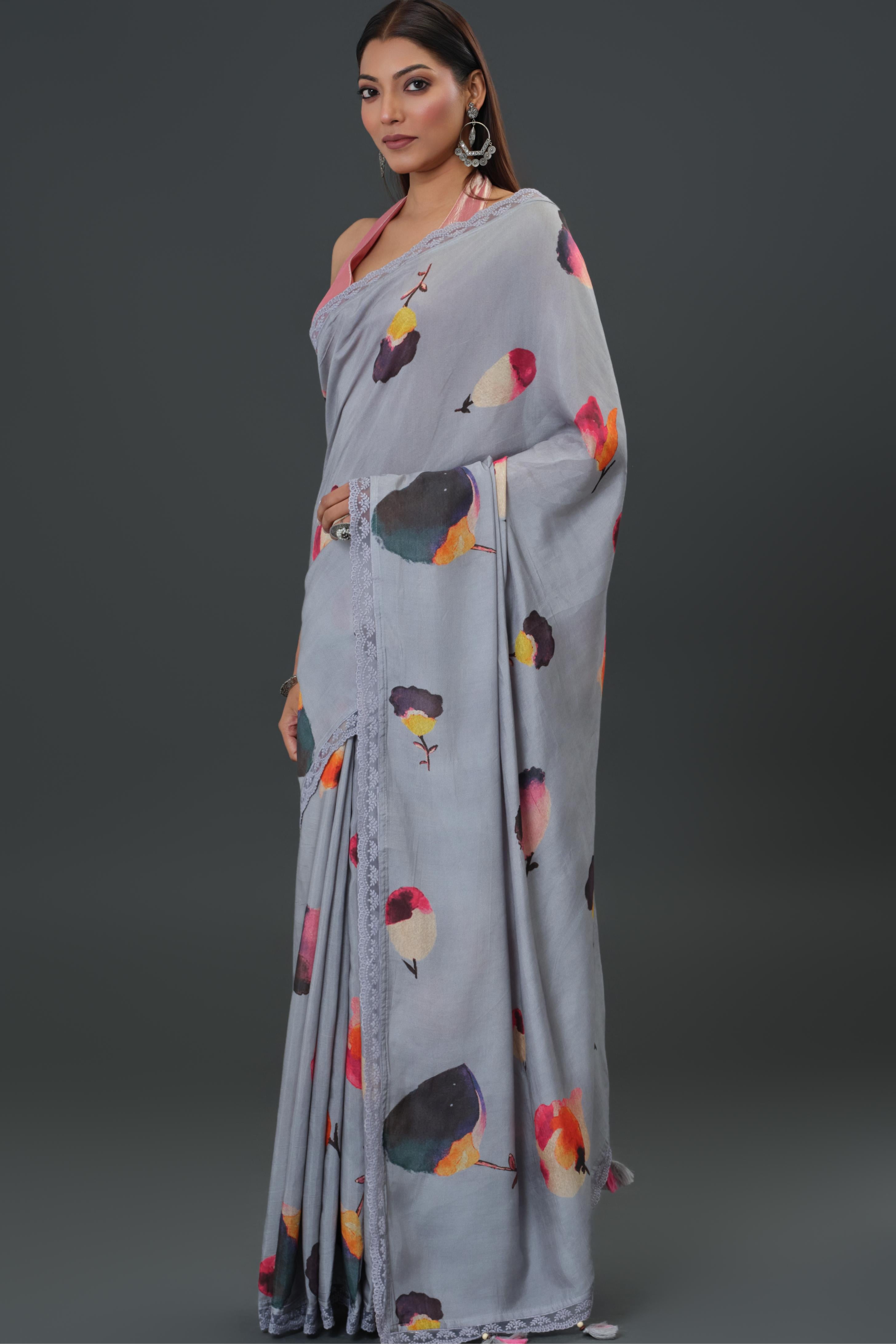 Greyish Floral Printed Muslin Silk Saree