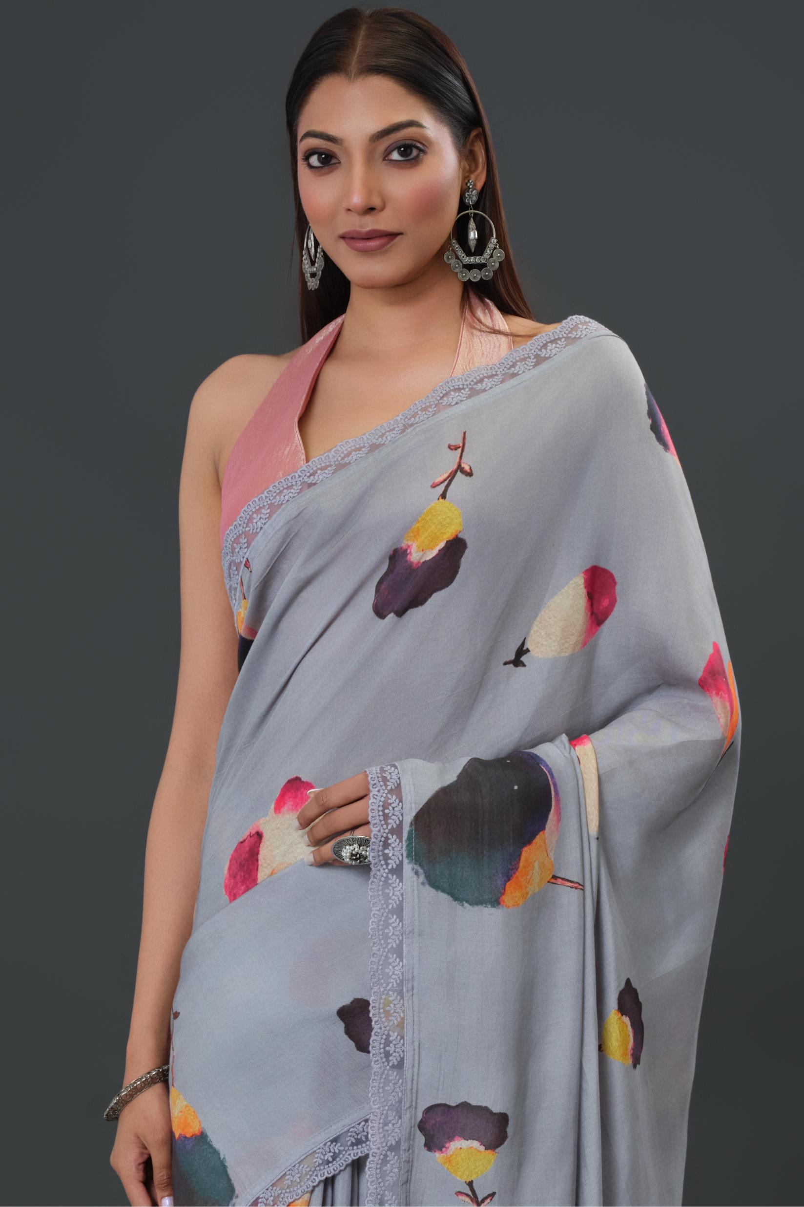 Greyish Floral Printed Muslin Silk Saree