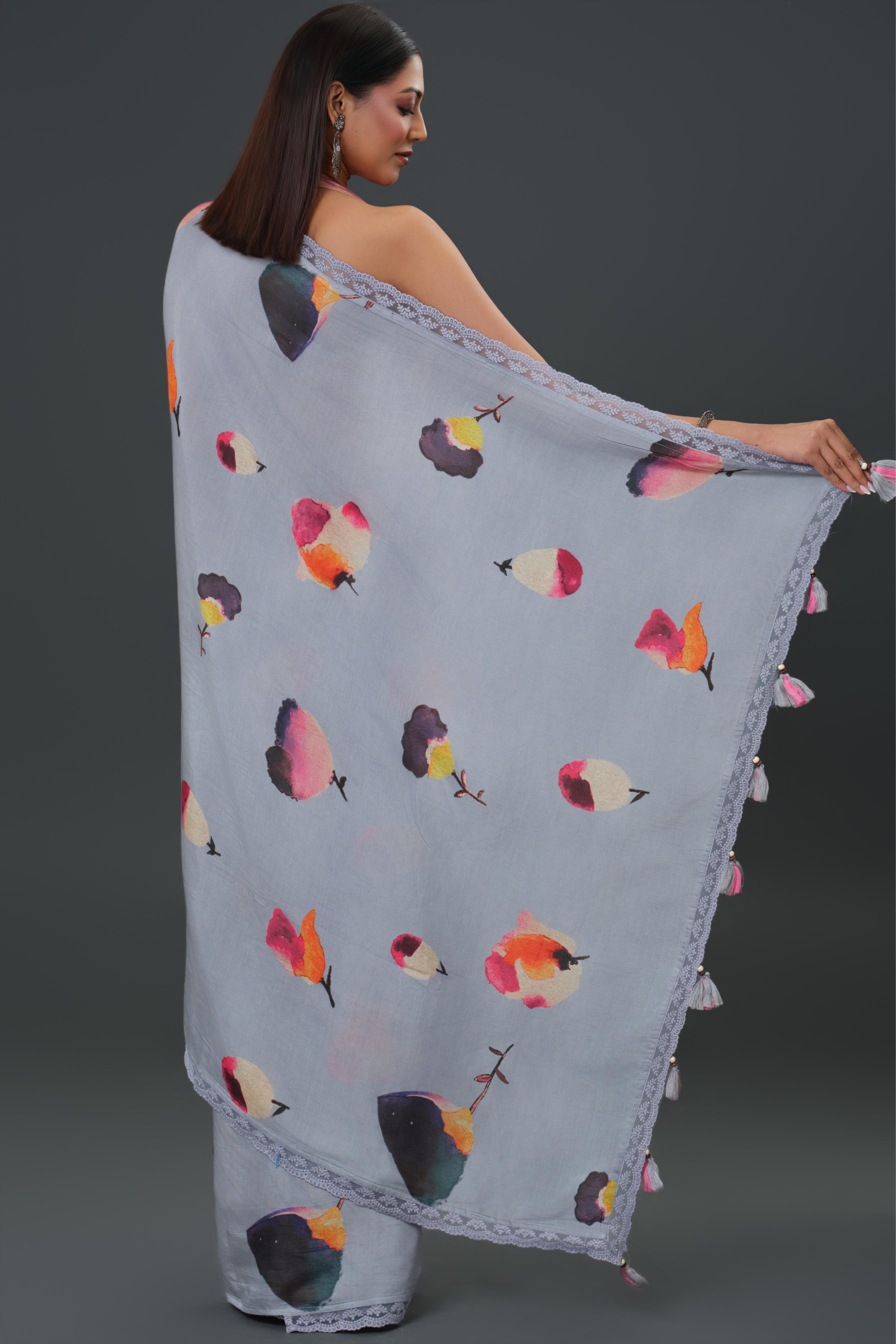 Greyish Floral Printed Muslin Silk Saree