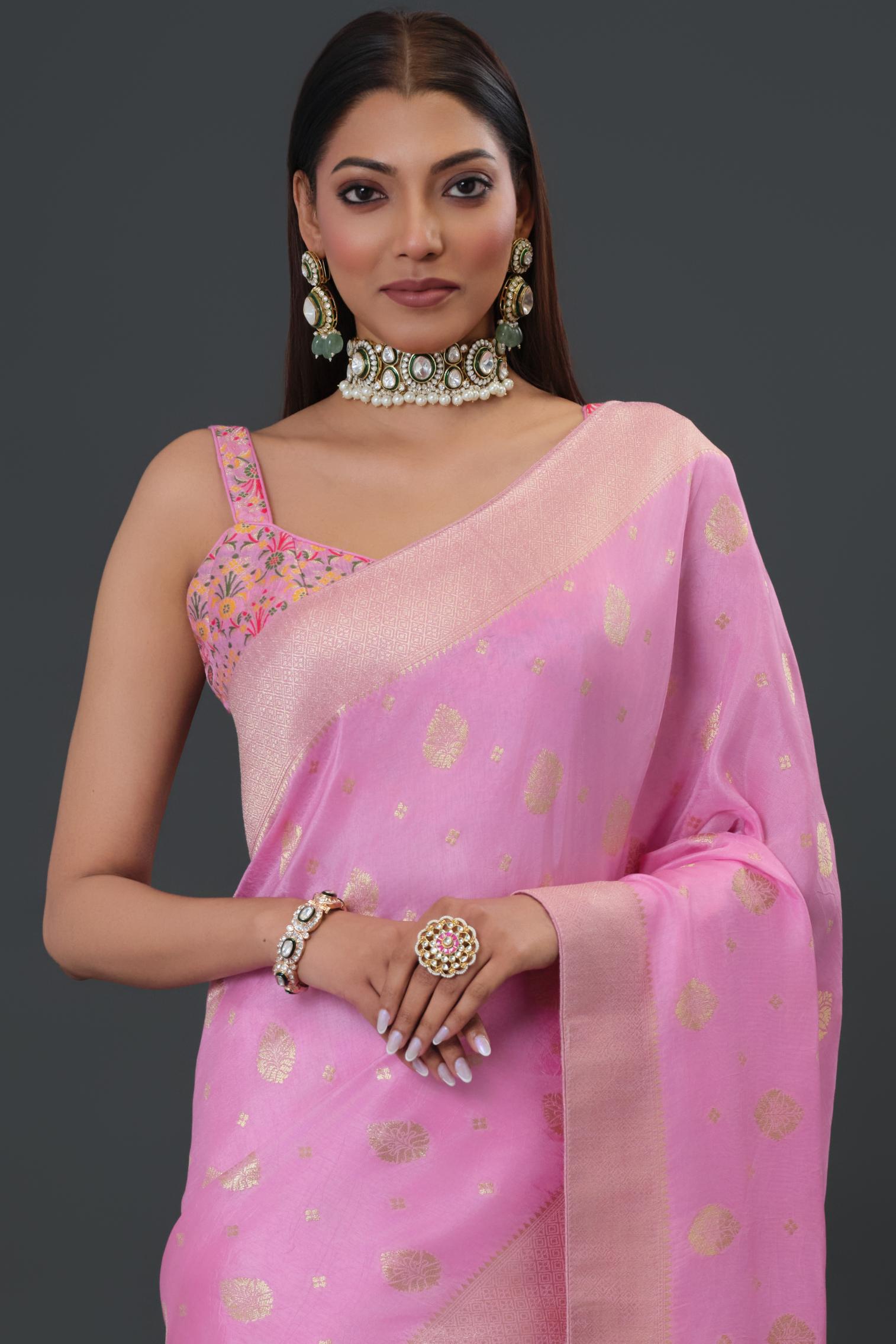 Pink Embroidered Dola Silk Saree
