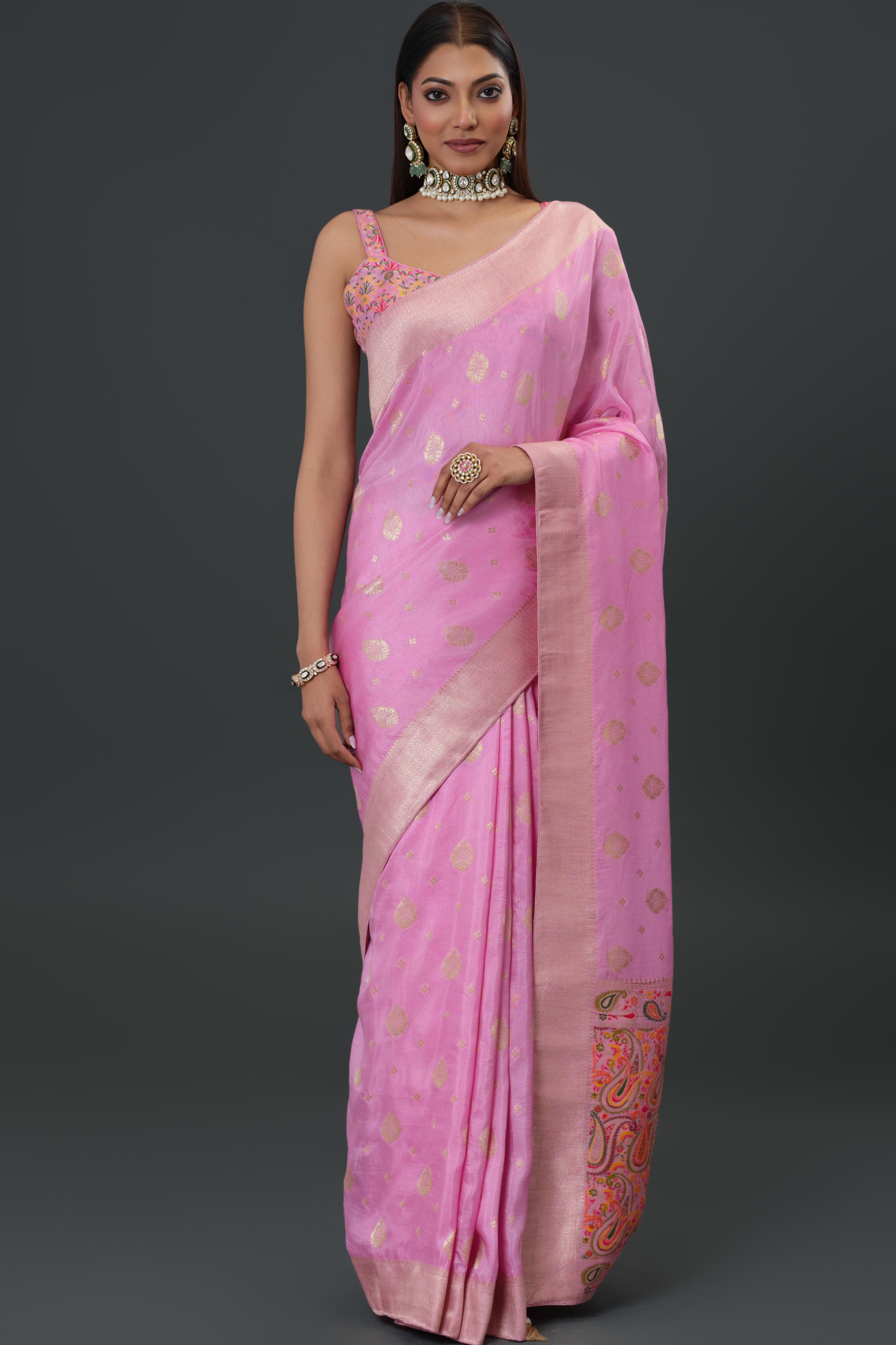 Pink Embroidered Dola Silk Saree