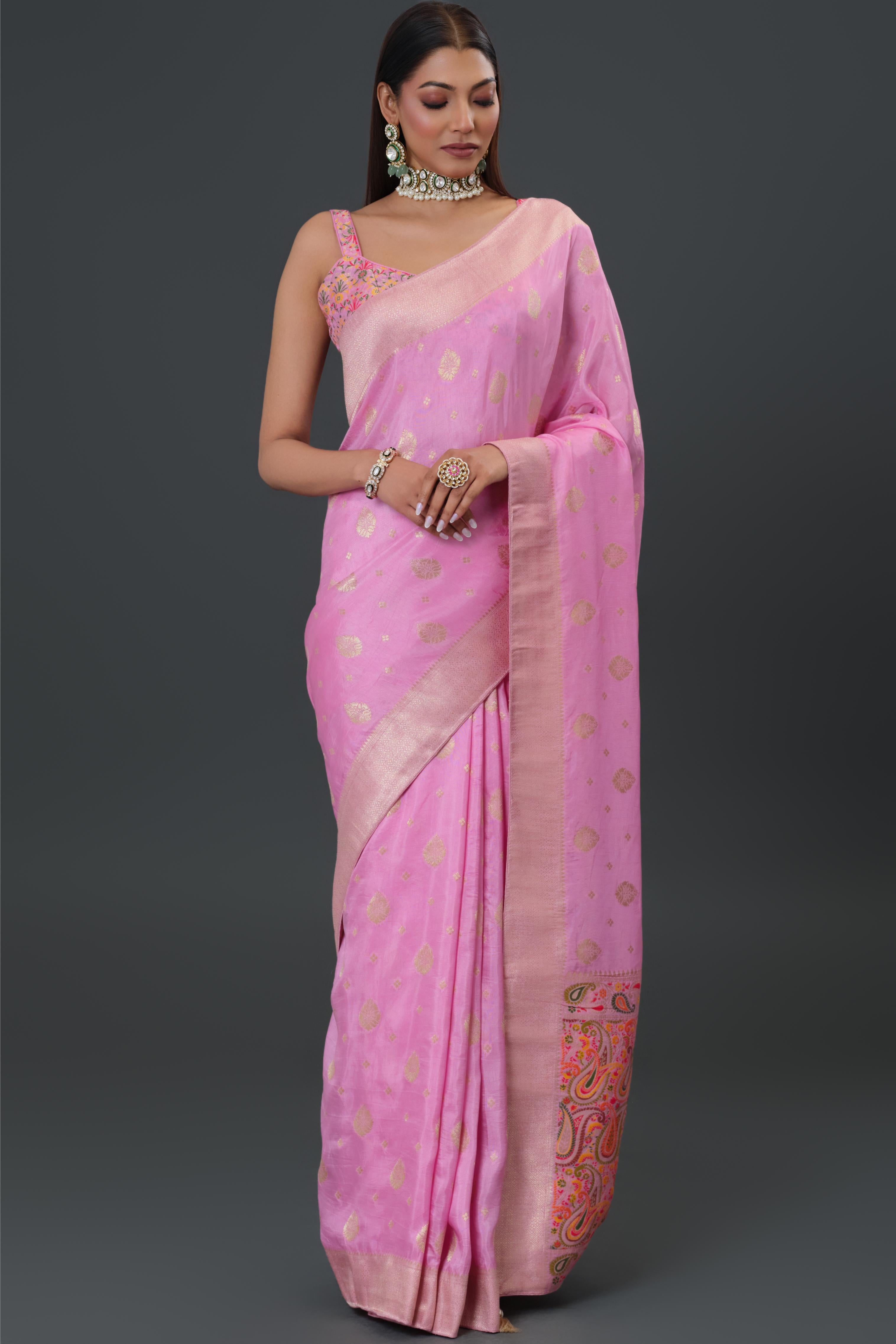 Pink Embroidered Dola Silk Saree