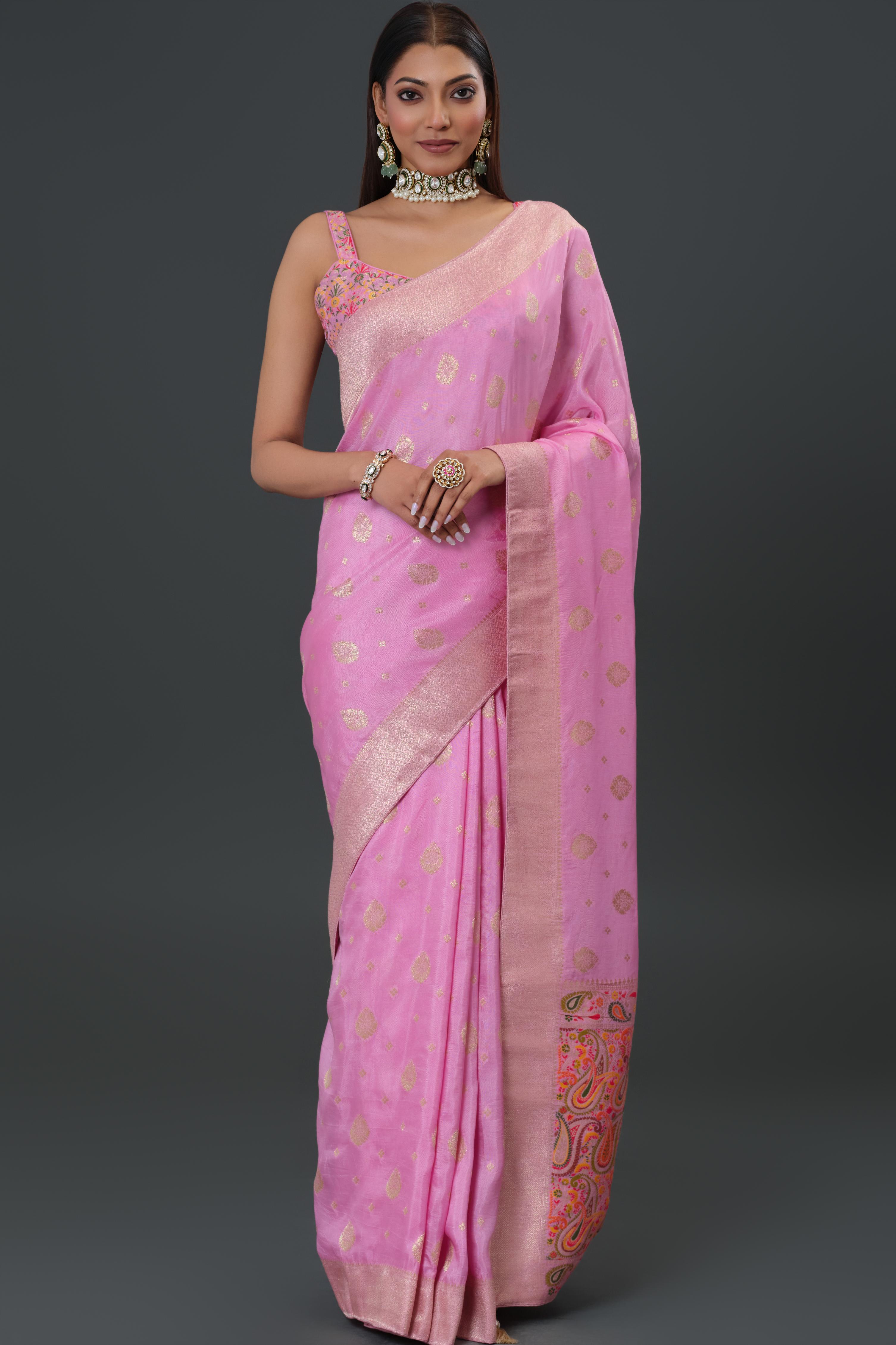 Pink Embroidered Dola Silk Saree