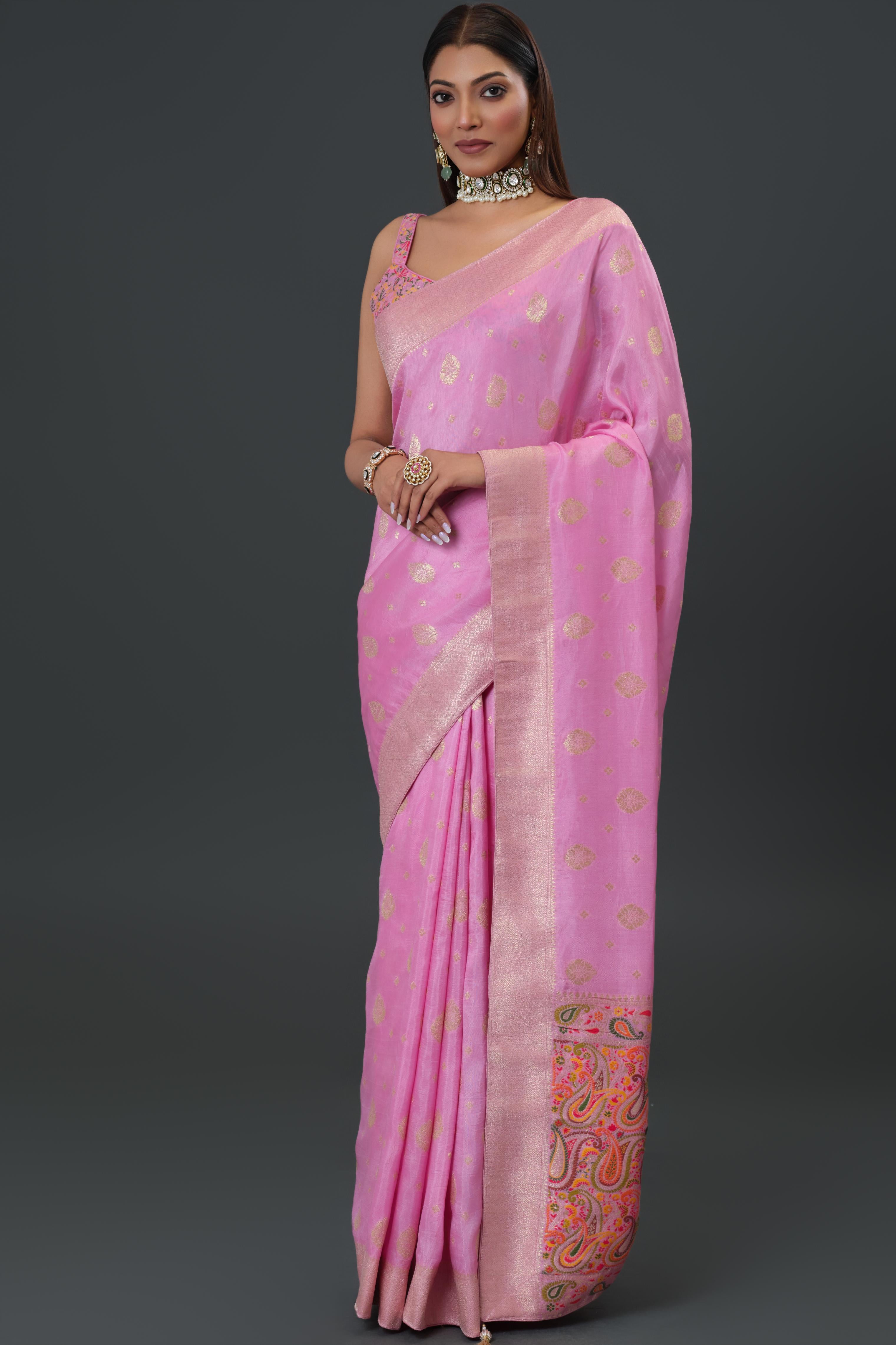 Pink Embroidered Dola Silk Saree