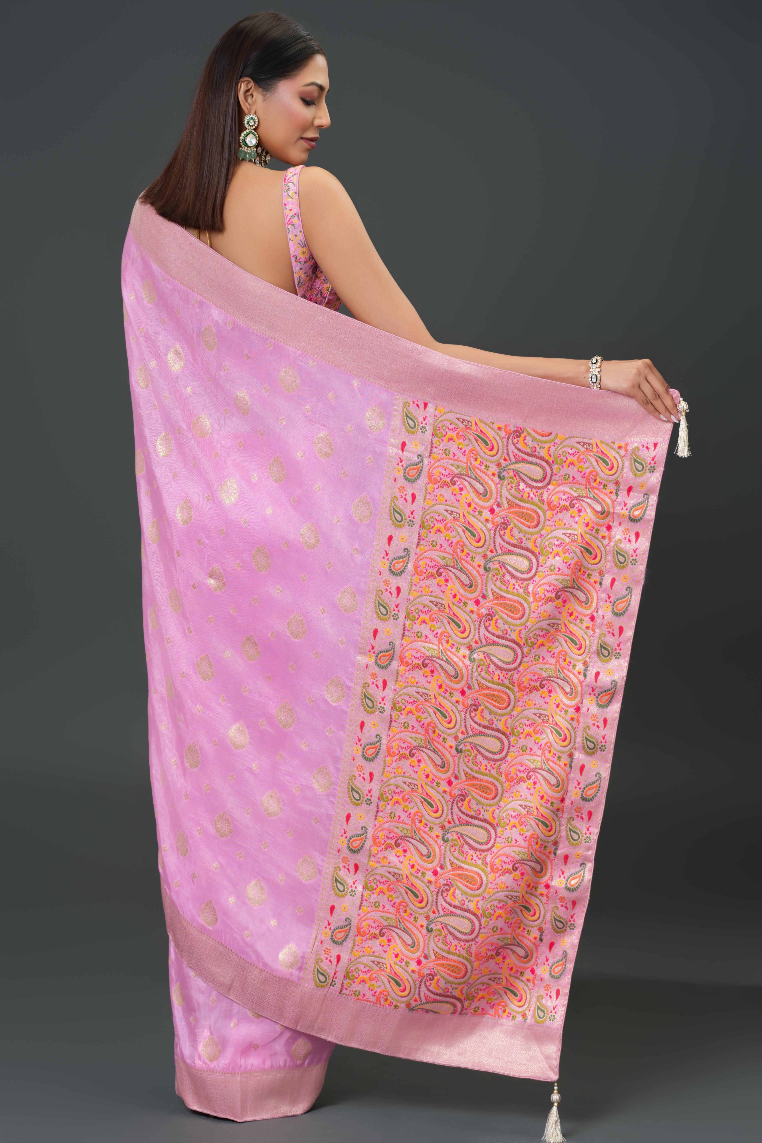 Pink Embroidered Dola Silk Saree