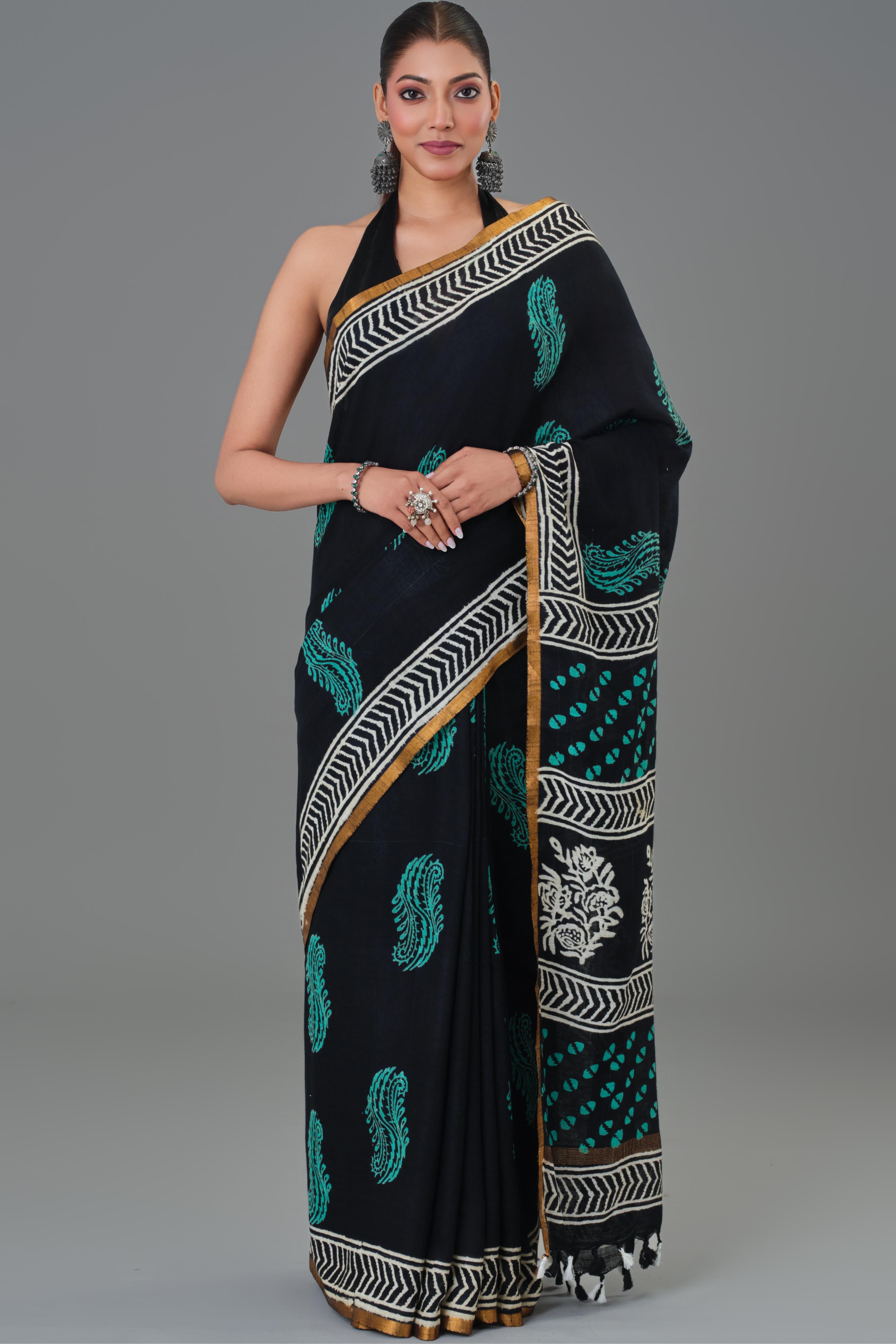 Traditional Black Dabu Hand Block Printed Linen Saree