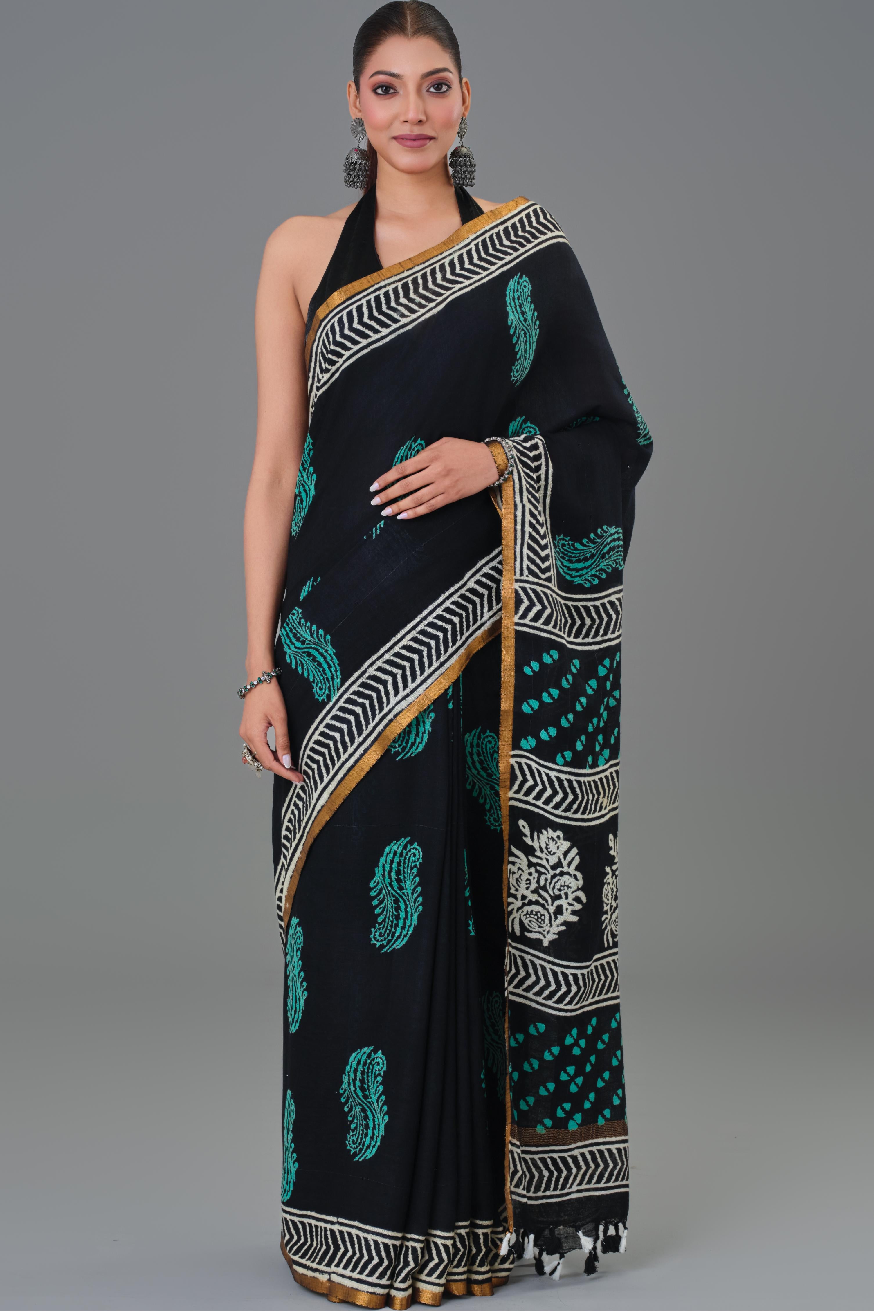 Traditional Black Dabu Hand Block Printed Linen Saree