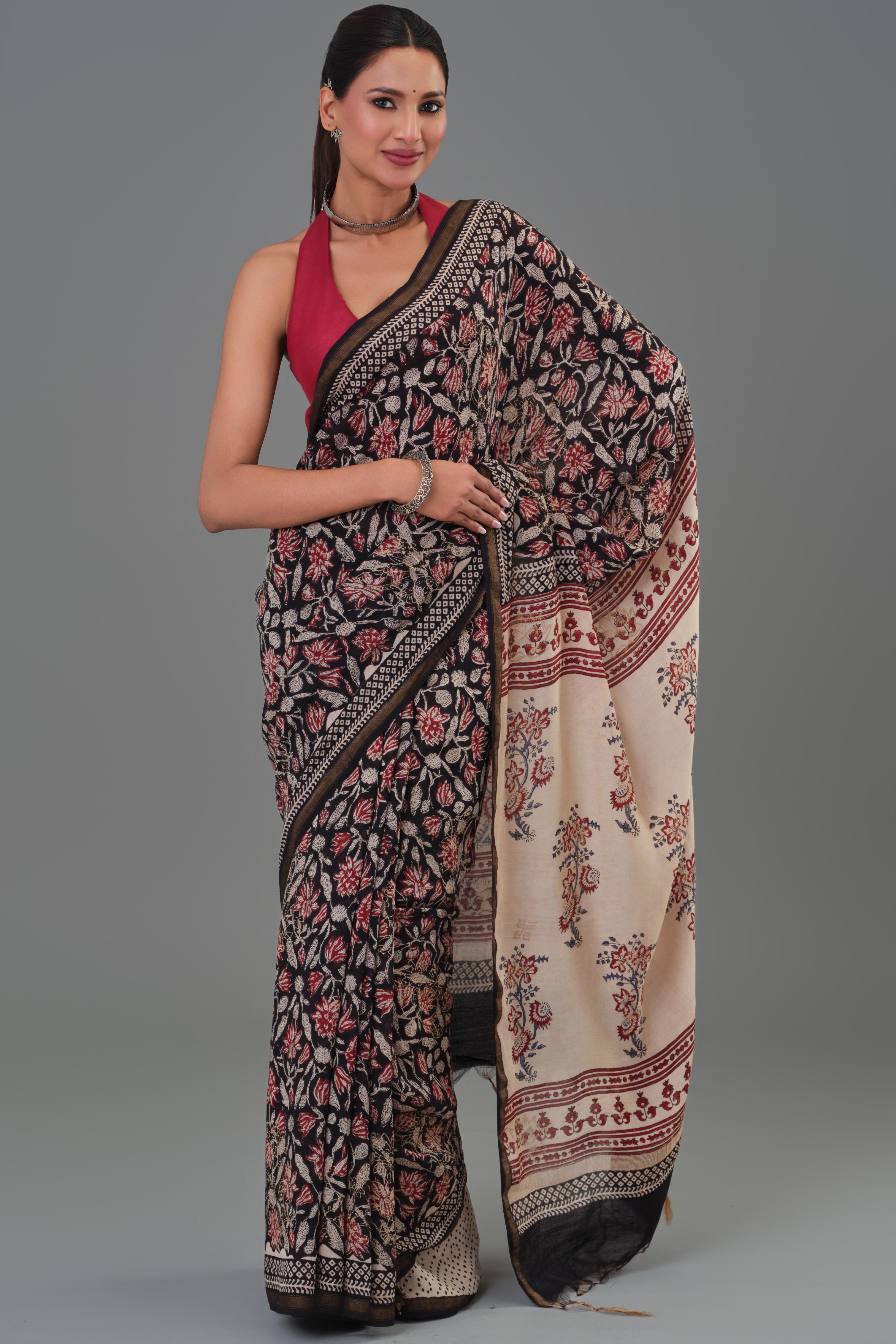 Black Gold Block Printed Pure Chanderi Silk Saree