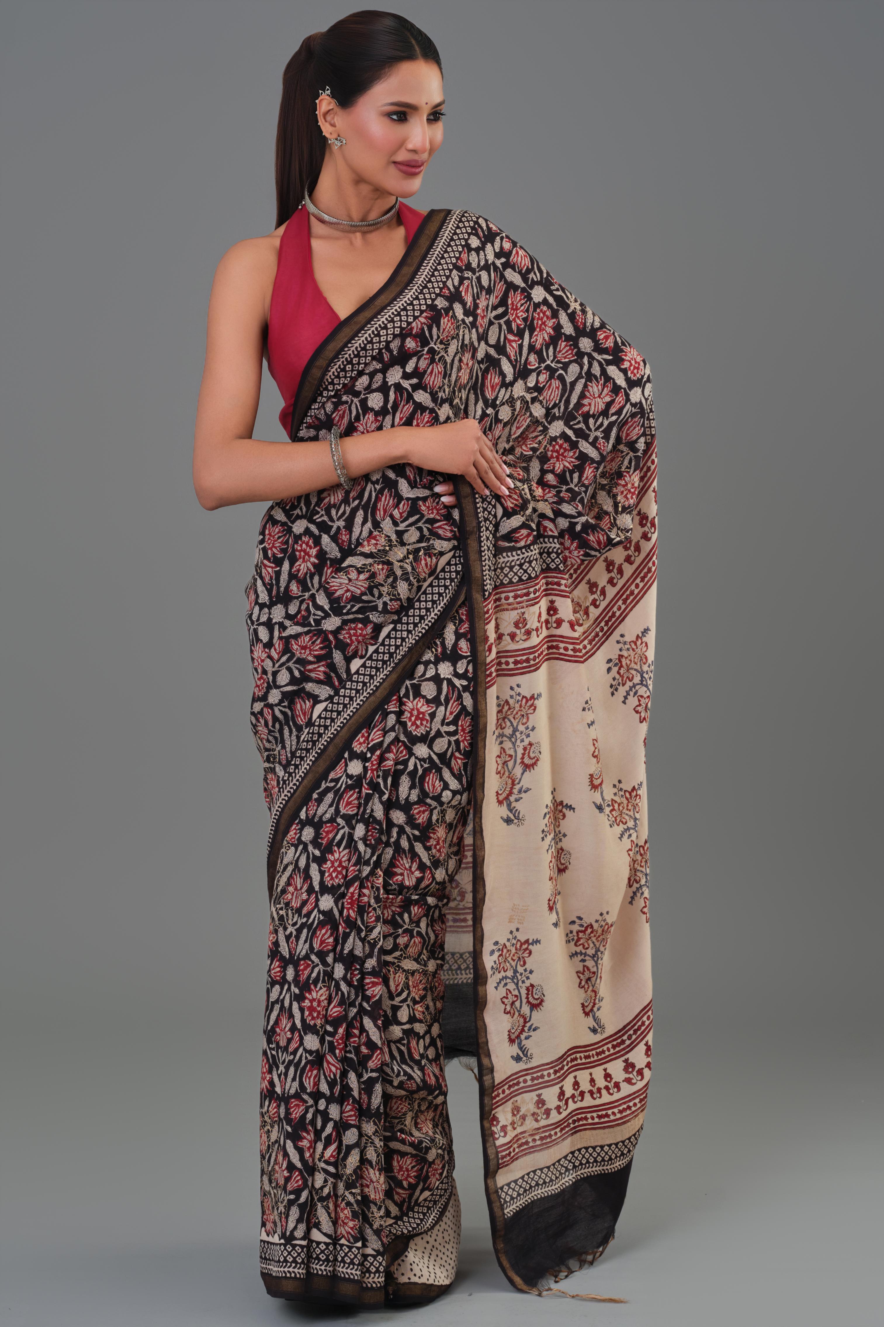 Black Gold Block Printed Pure Chanderi Silk Saree
