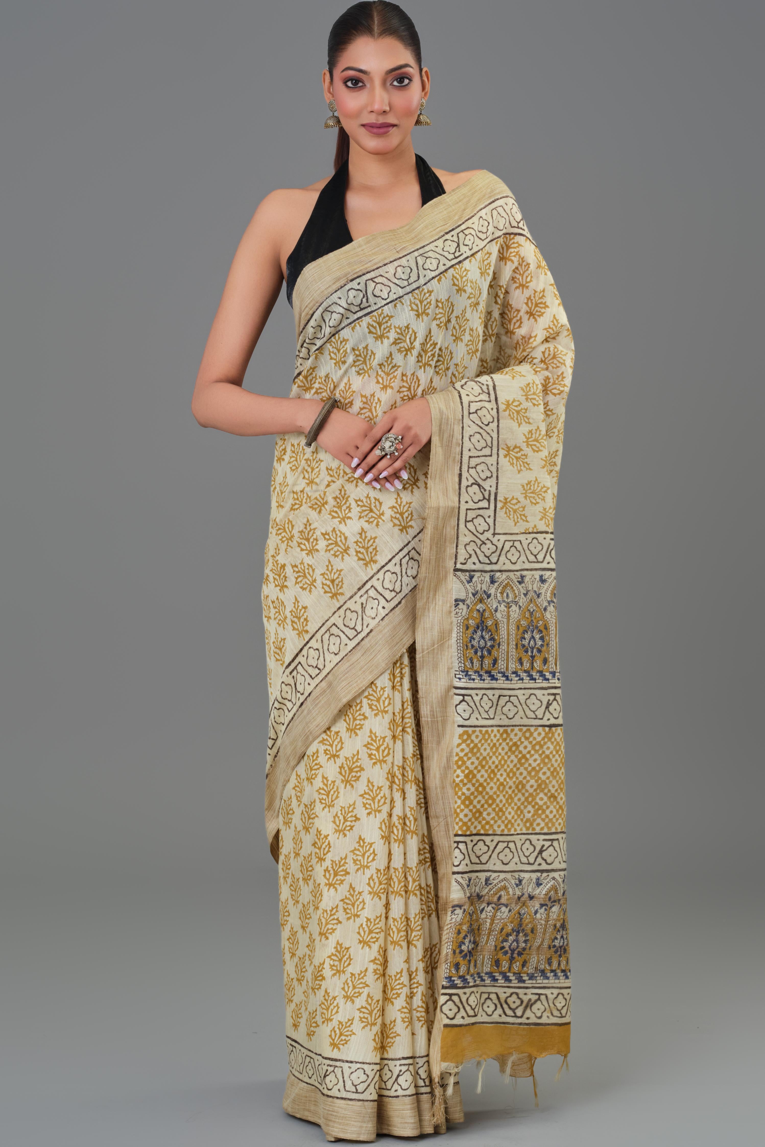 Mustard Hand Block Printed Linen Saree