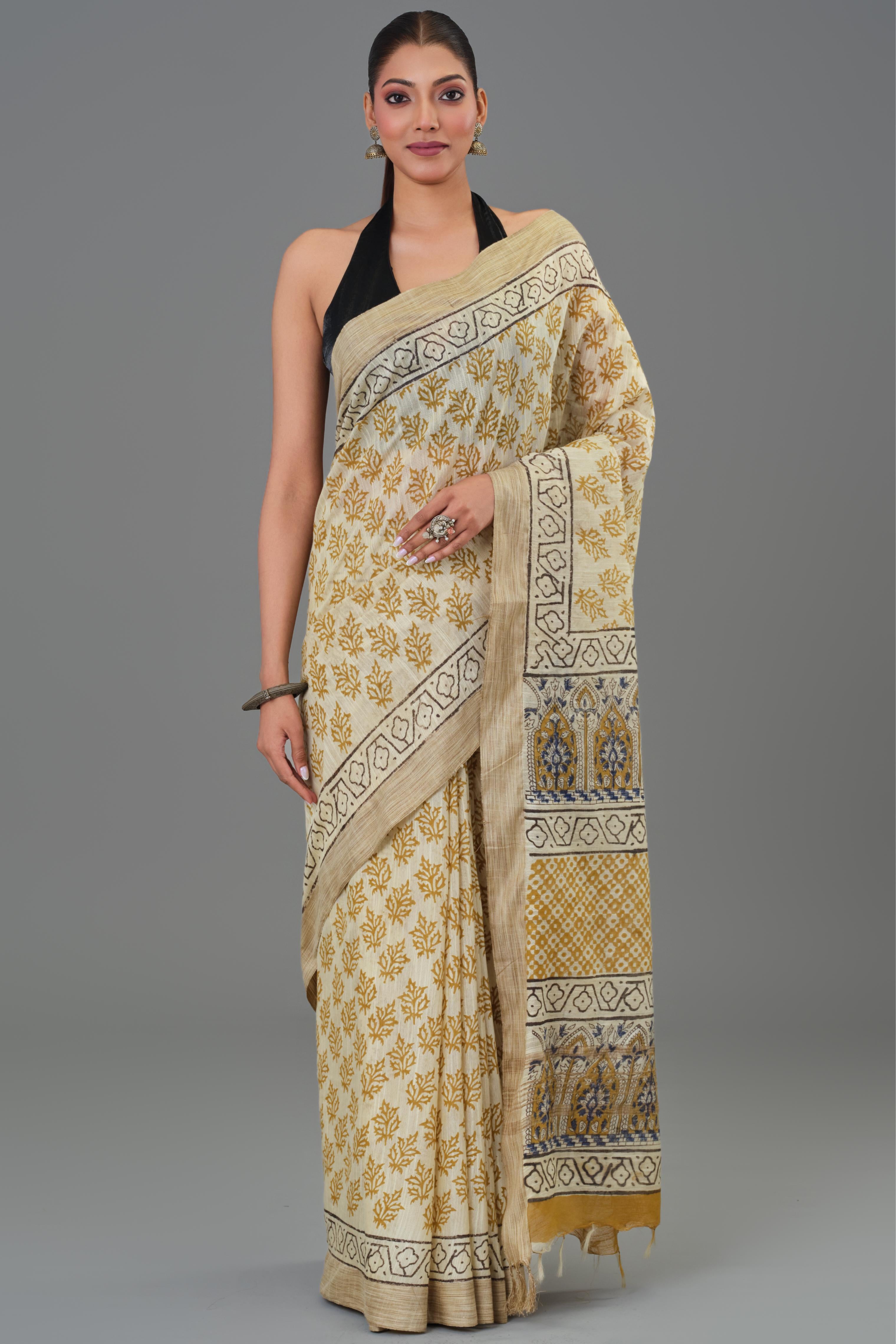 Mustard Hand Block Printed Linen Saree