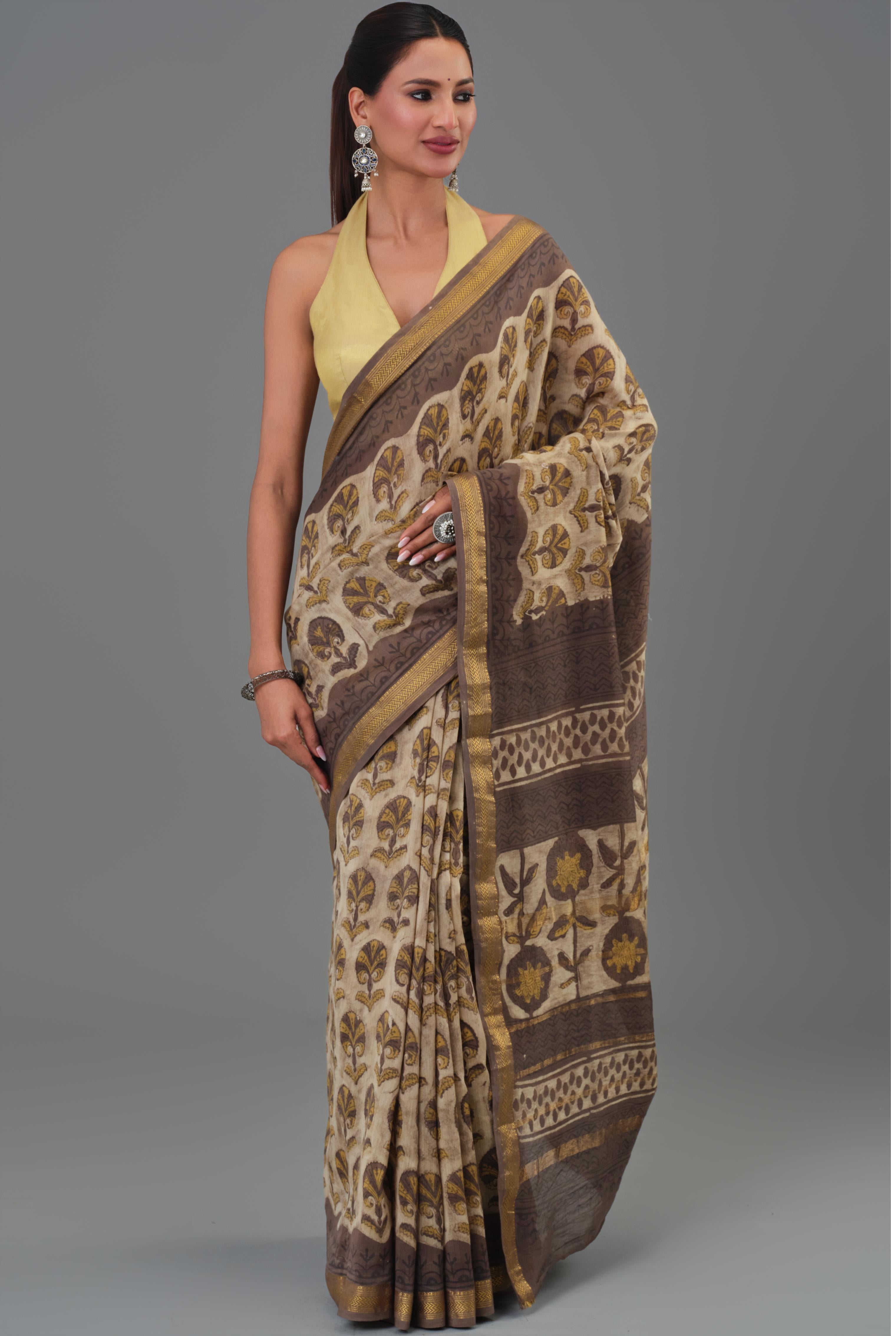 Brown Pure Maheshwari Silk Saree