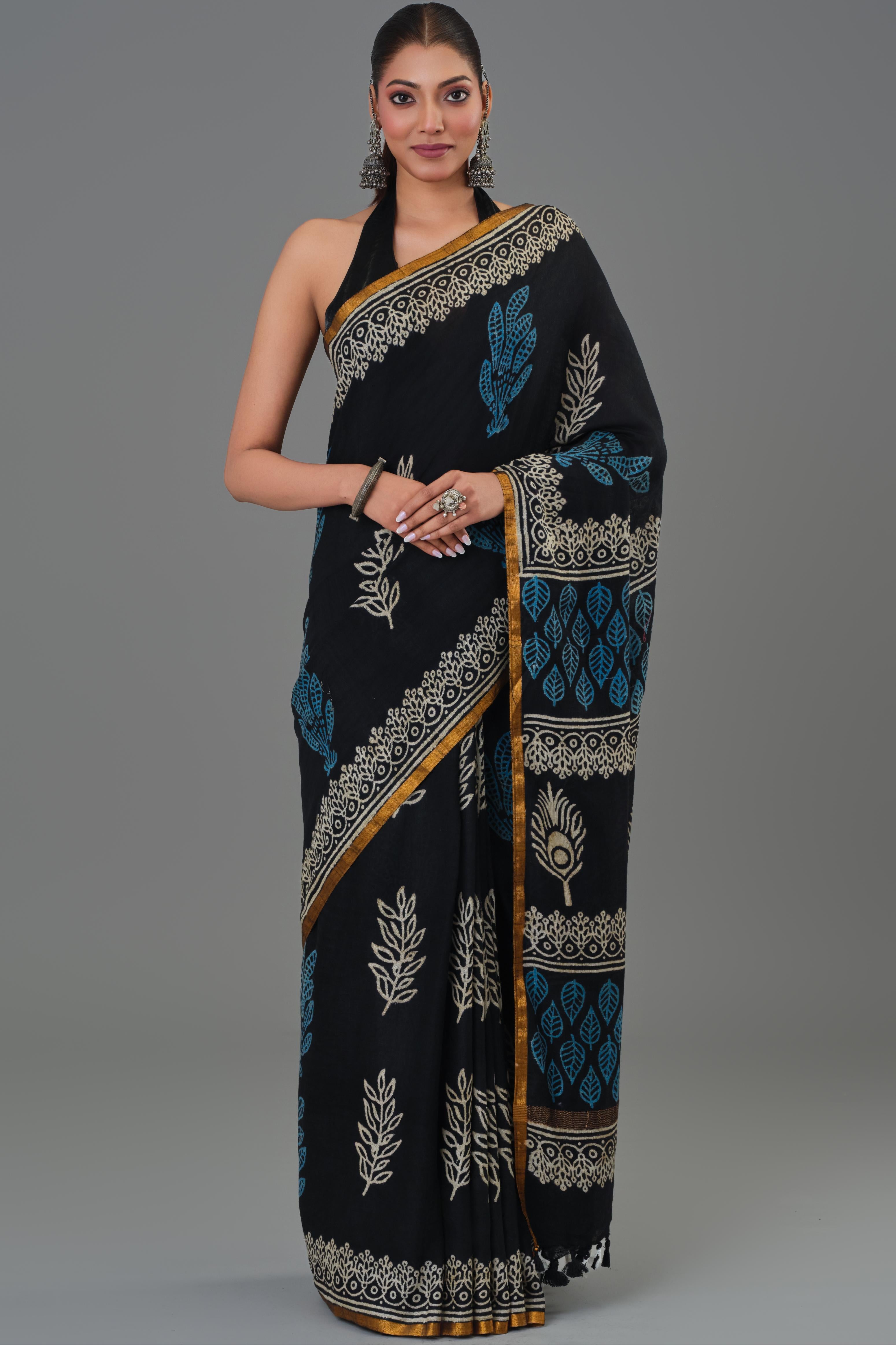 Cozy Black Dabu Hand Block Printed Linen Saree