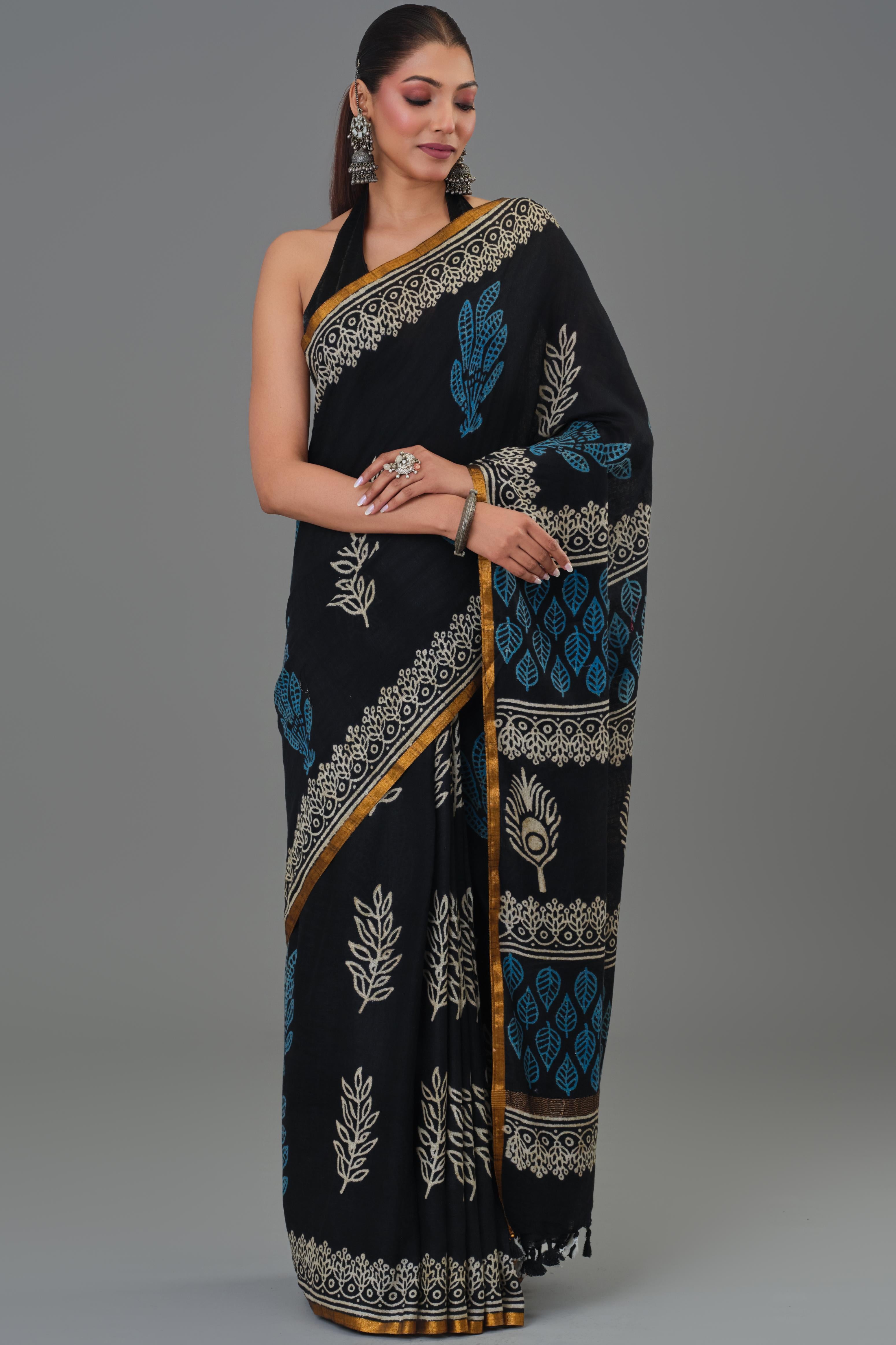 Cozy Black Dabu Hand Block Printed Linen Saree