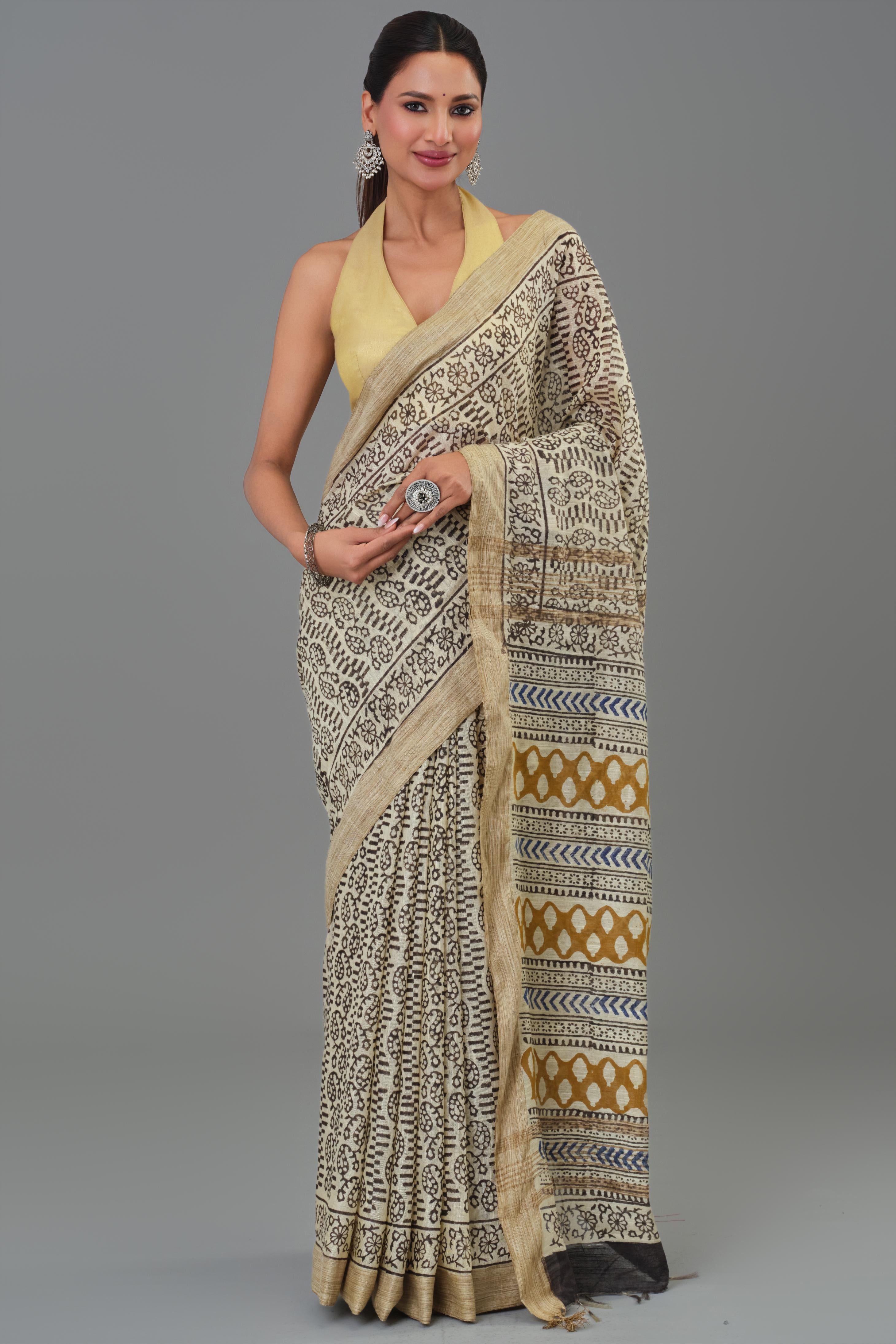 Beige Hand Block Printed Linen Saree