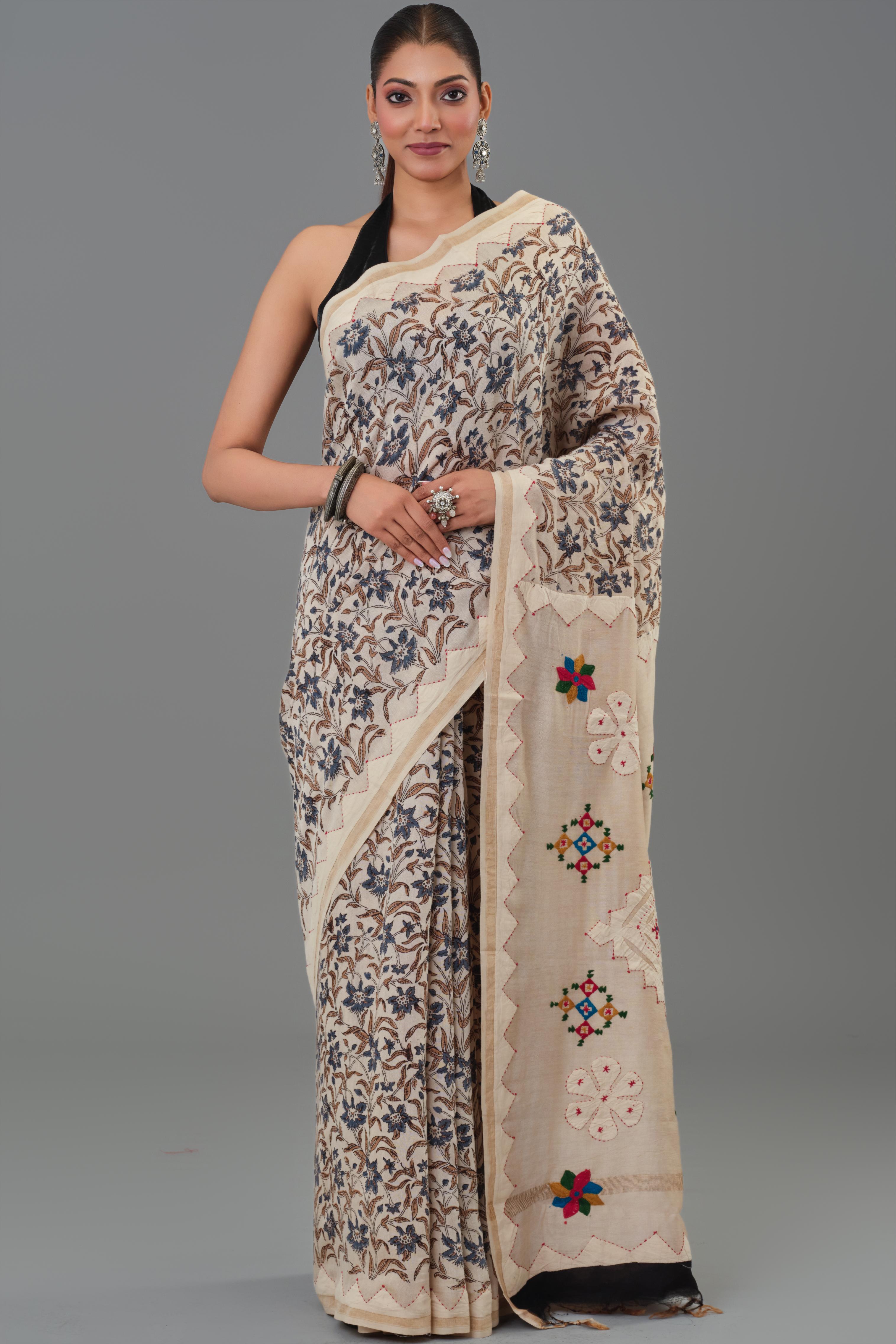 Beige Kantha Handwork Chanderi Silk Saree