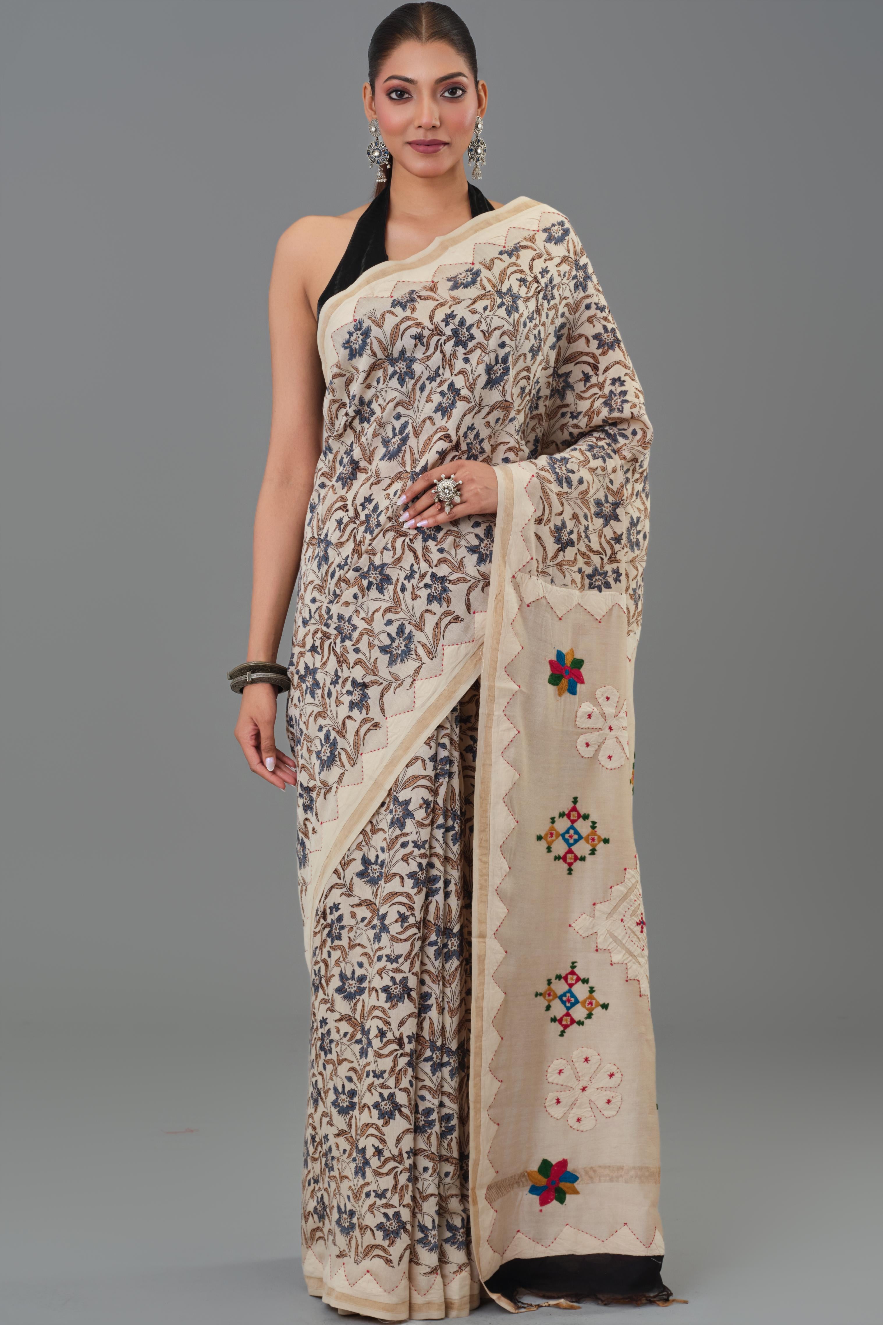 Beige Kantha Handwork Chanderi Silk Saree