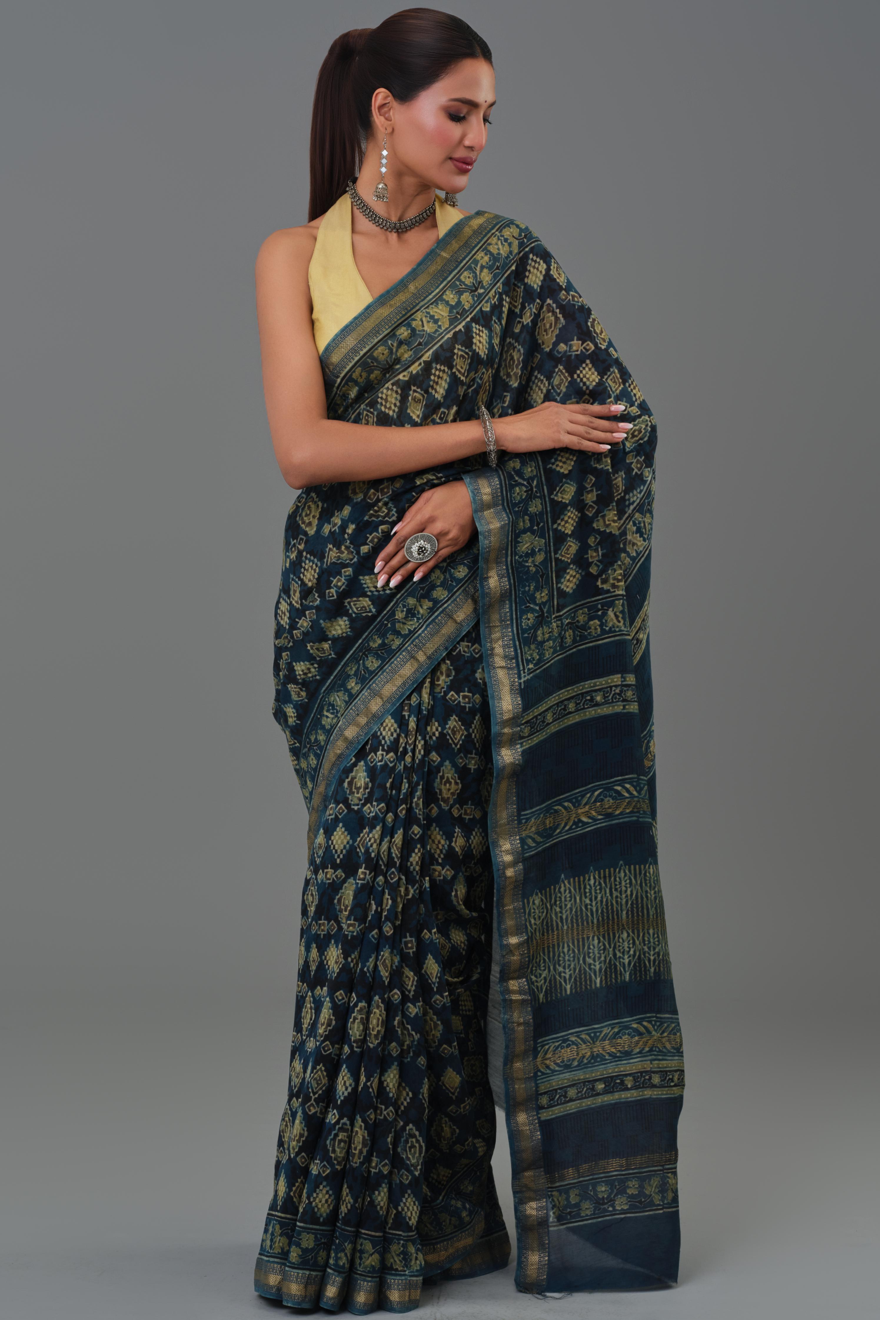 Teal Pure Desi Ajrakh Printed Saree