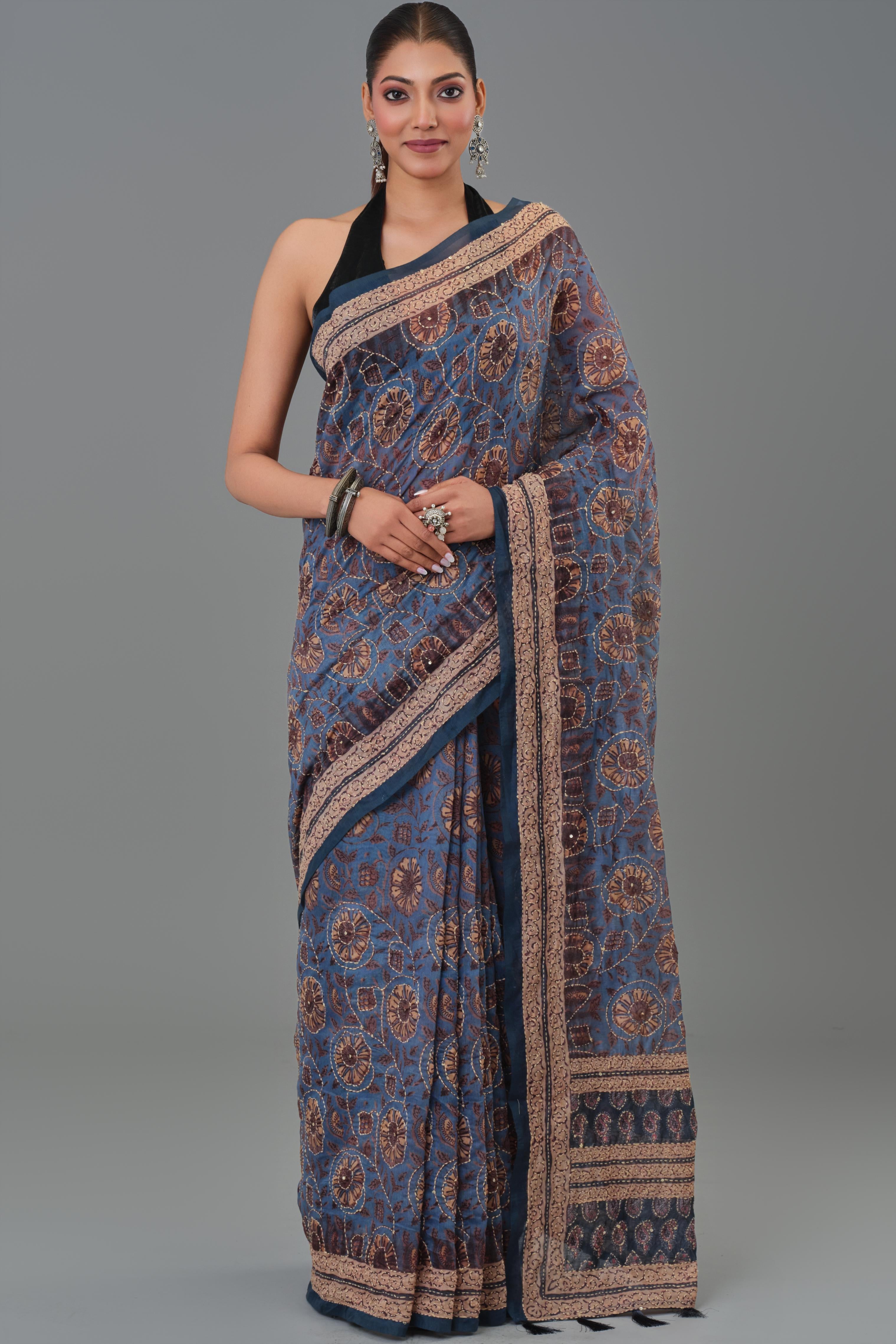 Blue Kantha Handwork Chanderi Silk Saree