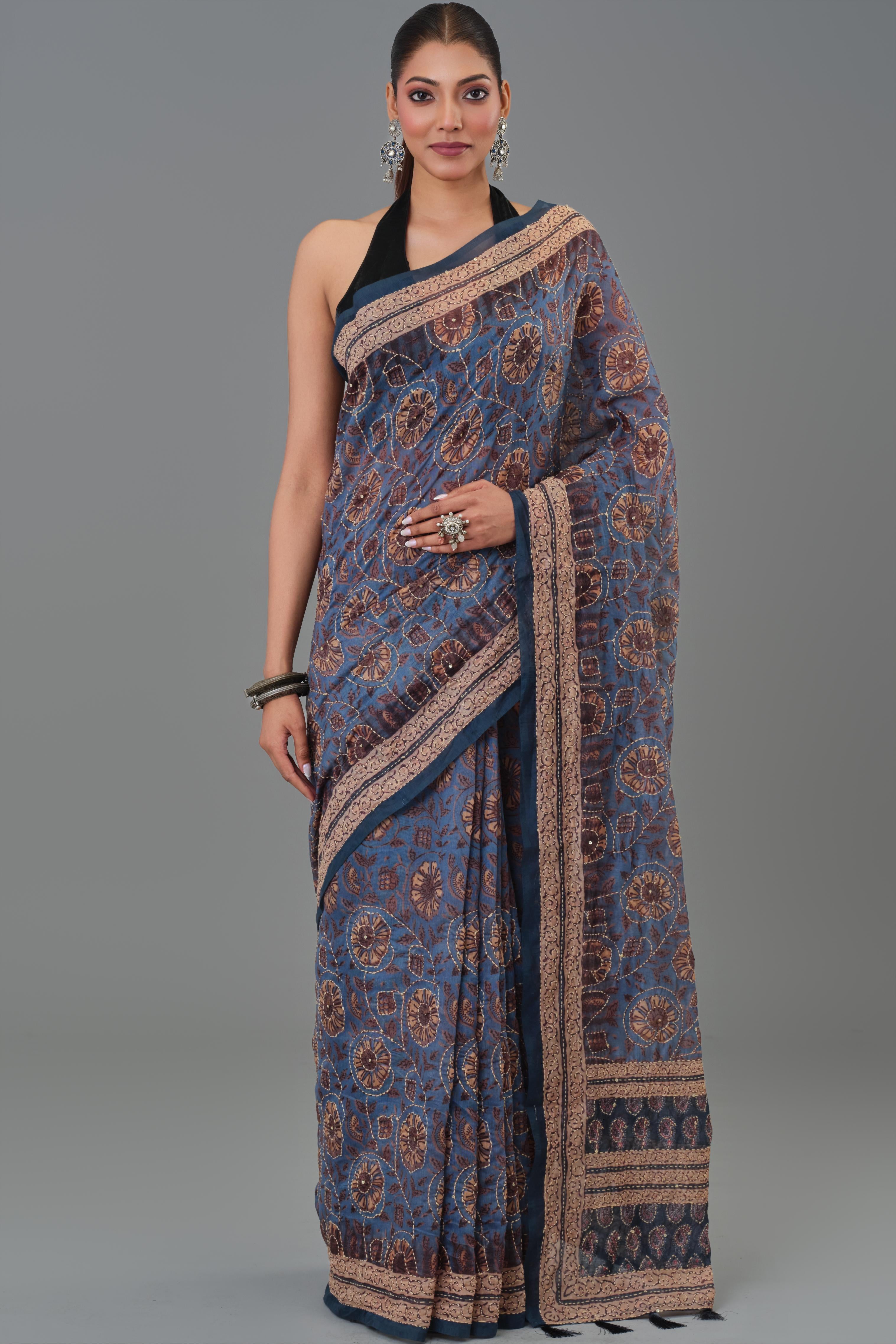 Blue Kantha Handwork Chanderi Silk Saree