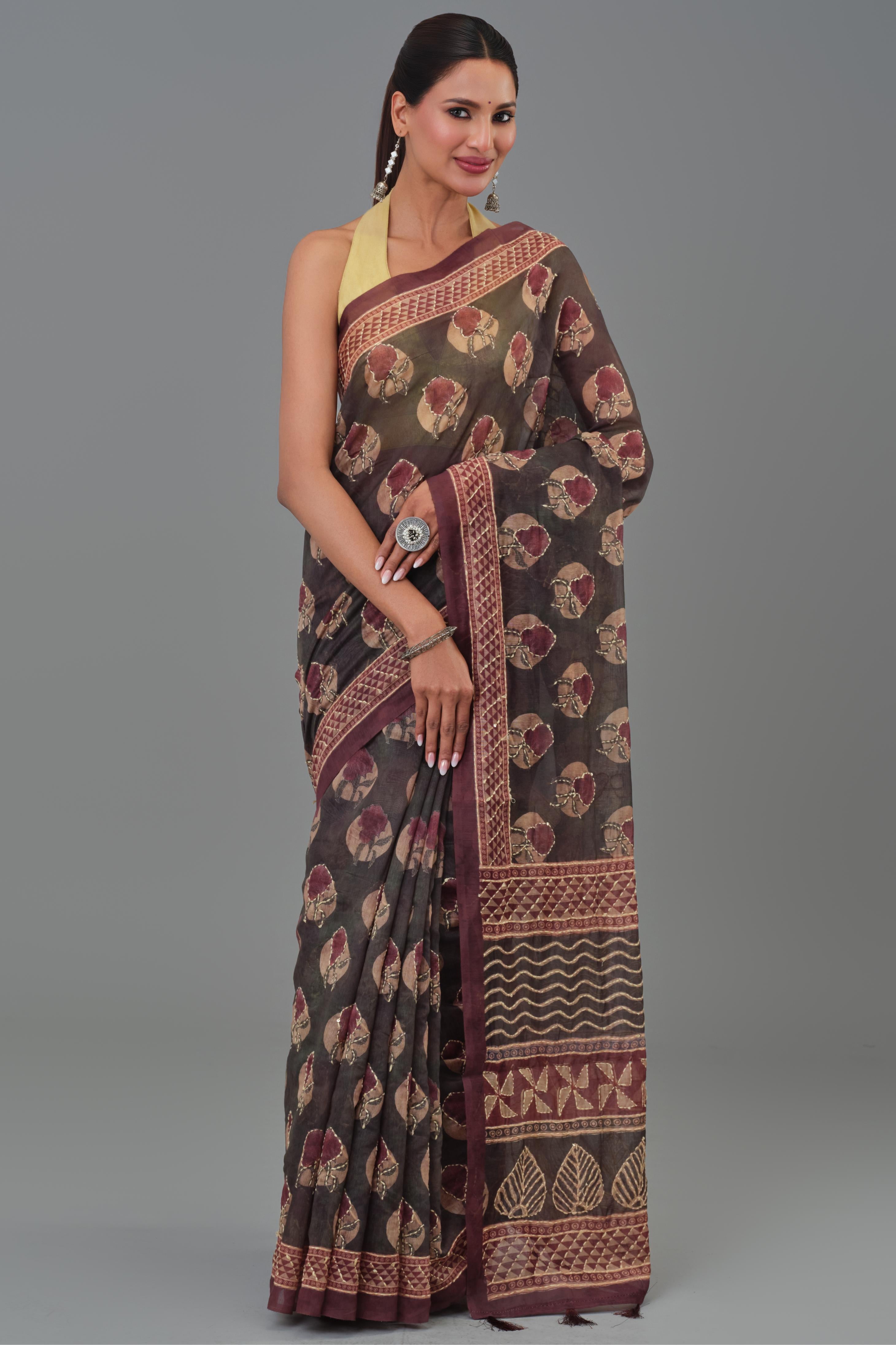 Maroon Kantha Handwork Chanderi Silk Saree