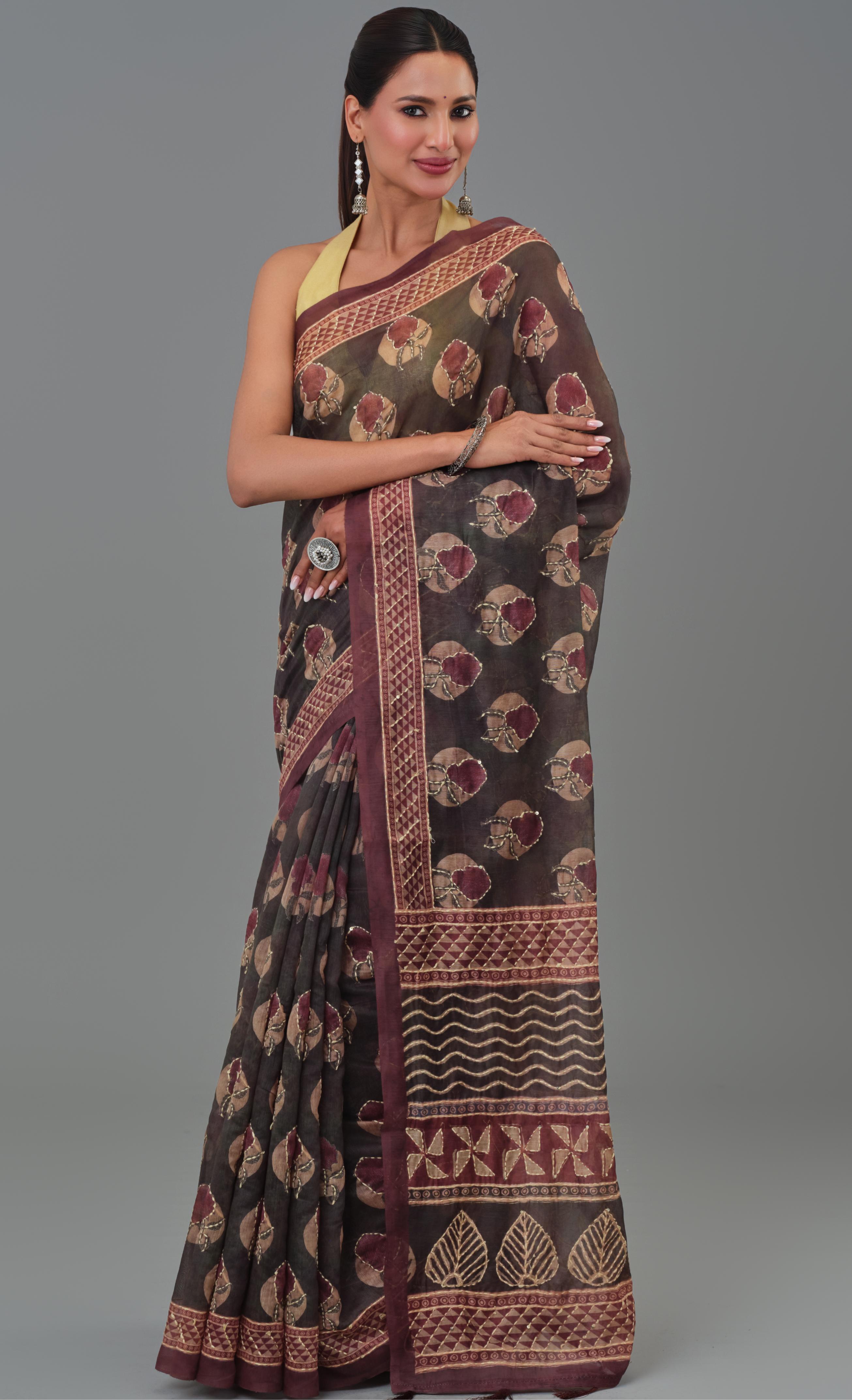 Maroon Kantha Handwork Chanderi Silk Saree