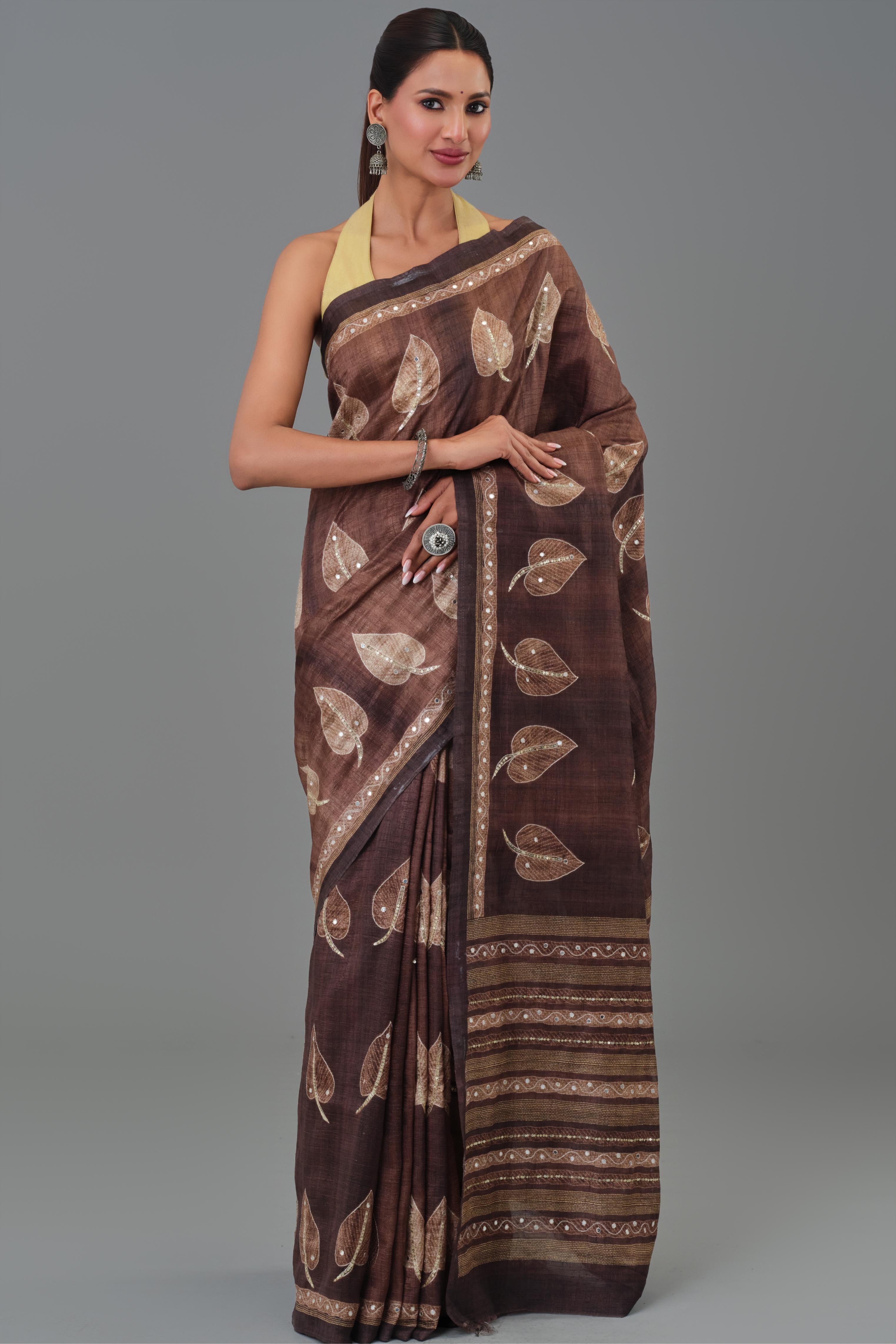 Brown Leaf Tussar Silk Saree