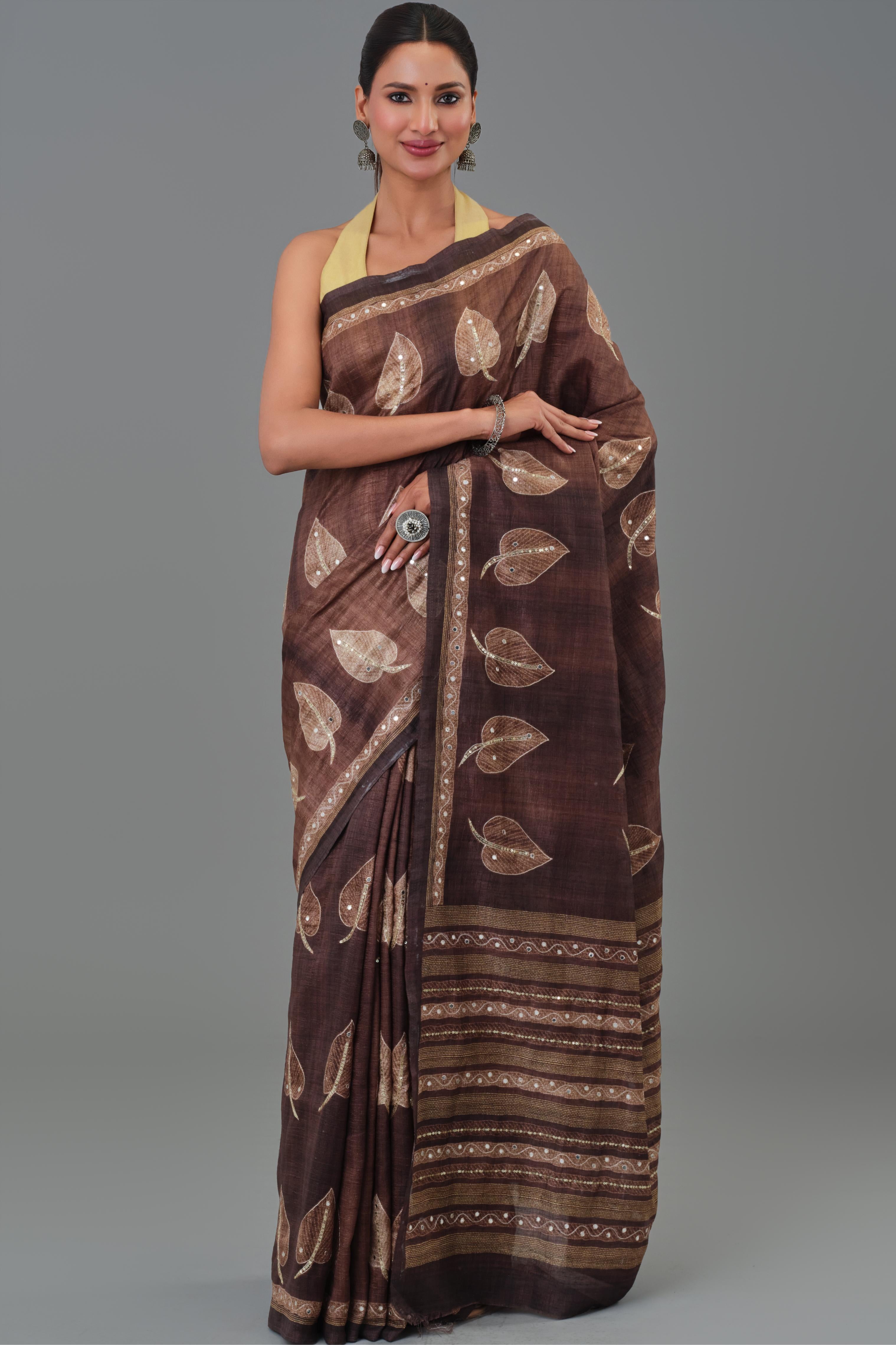 Brown Leaf Tussar Silk Saree