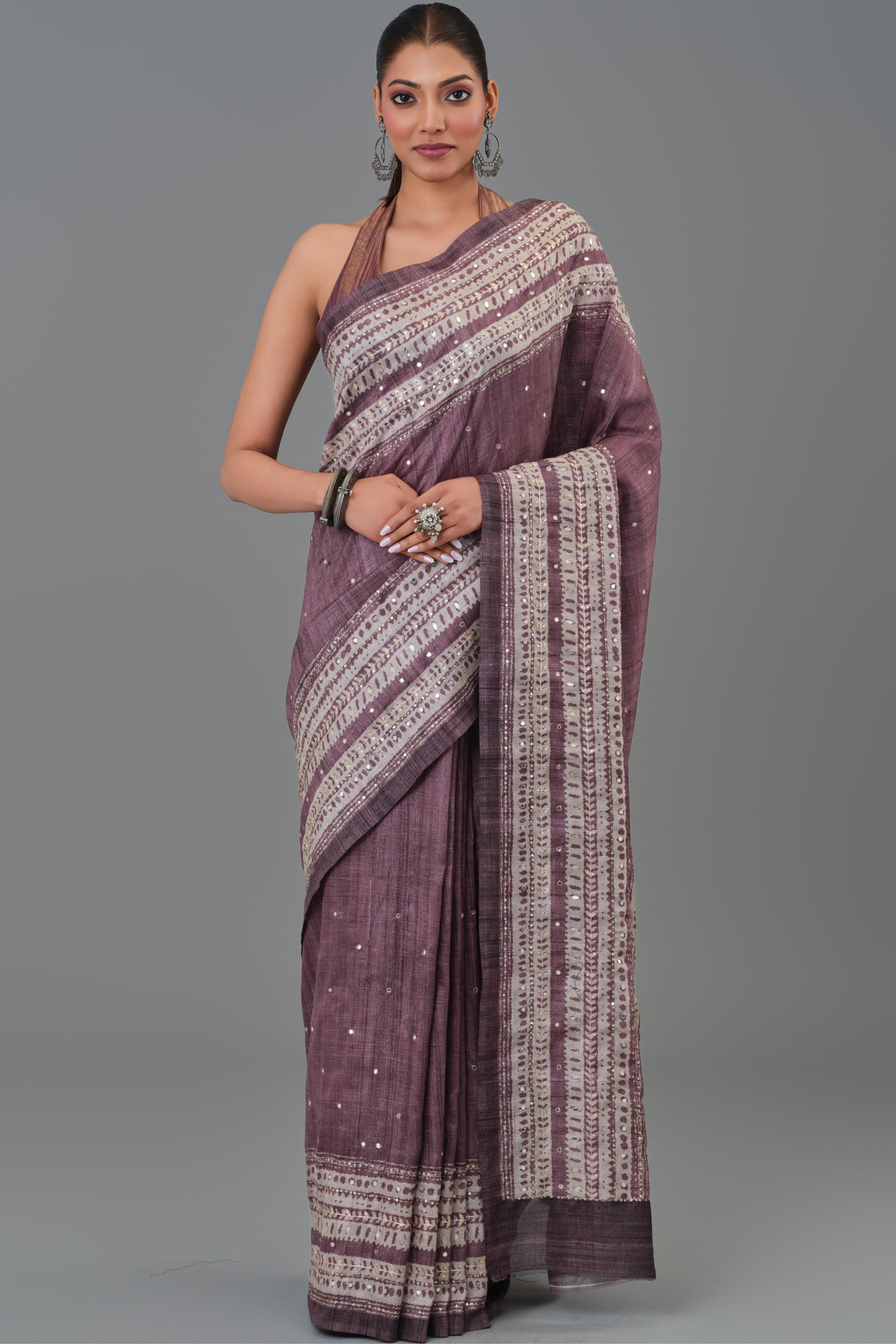 Mauve Ethnic Printed Tussar Silk Saree