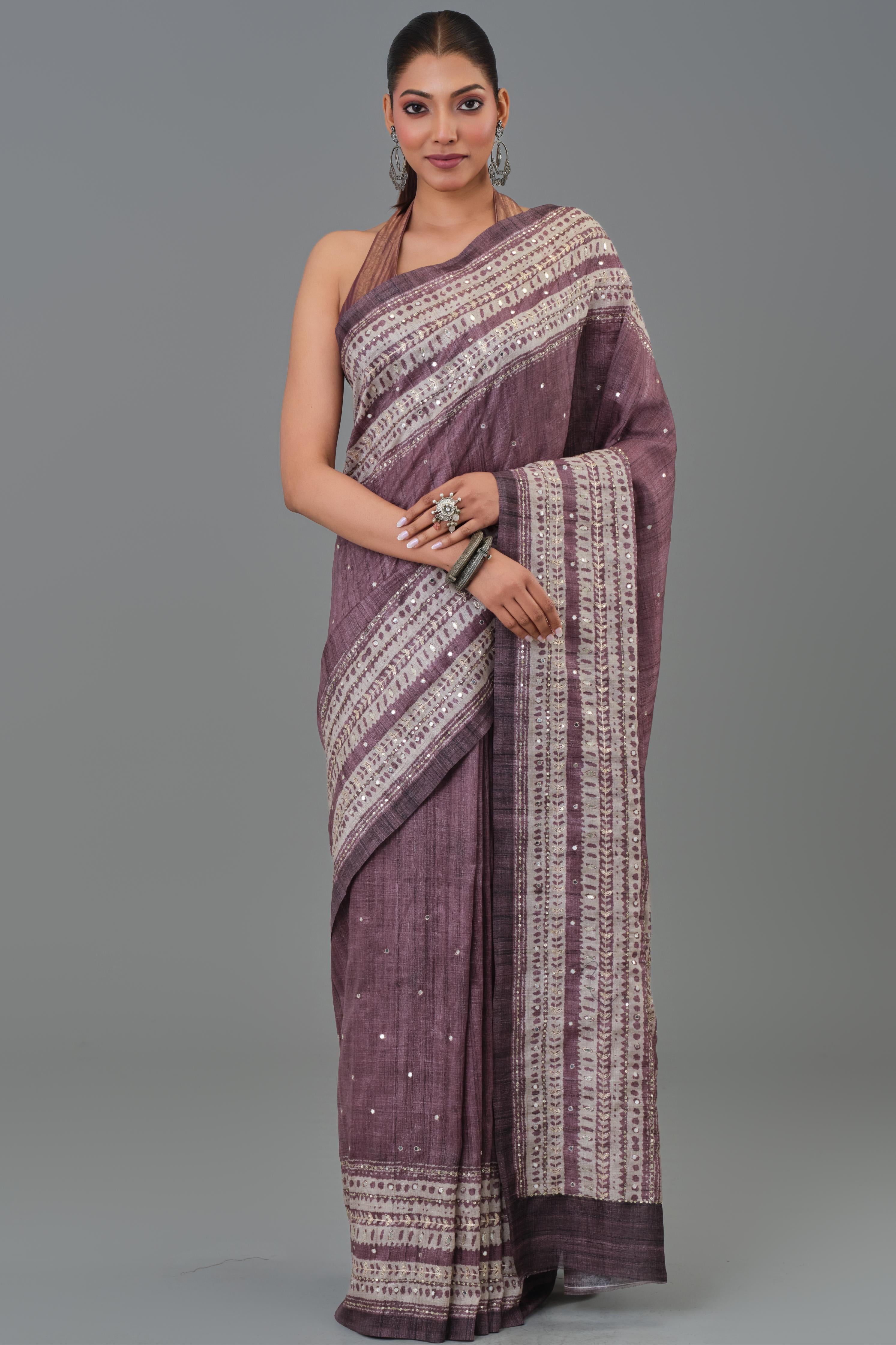 Mauve Ethnic Printed Tussar Silk Saree