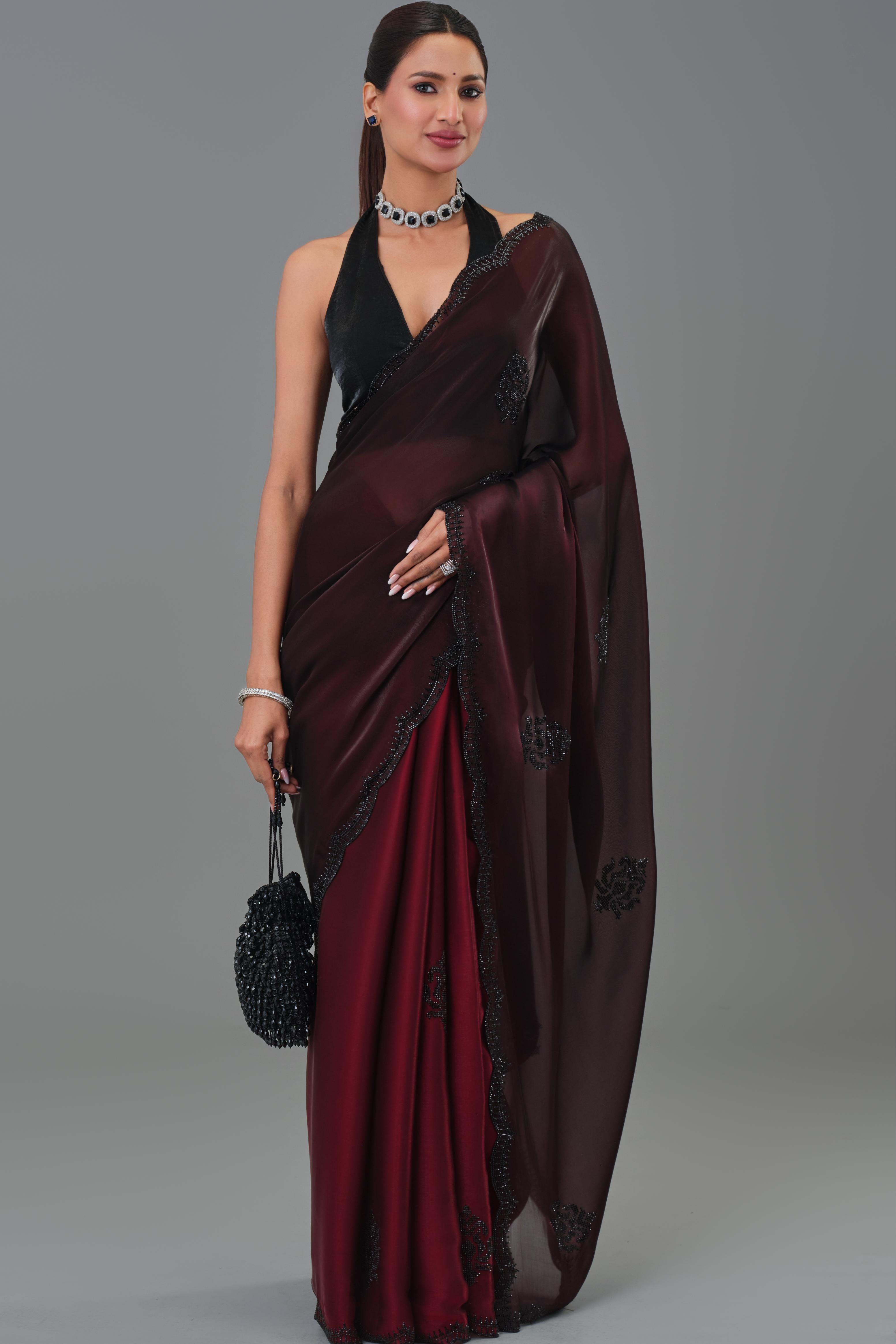 Wine Ombre Dyed Cosmo Tissue Silk Saree