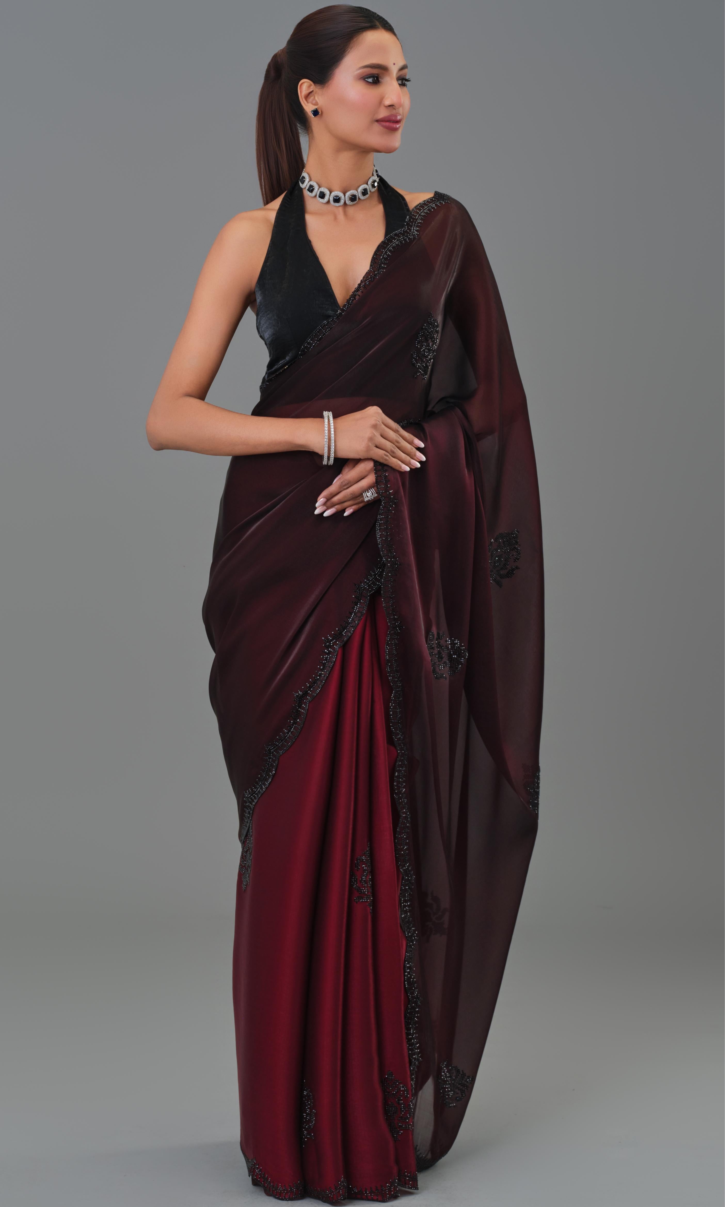 Wine Ombre Dyed Cosmo Tissue Silk Saree
