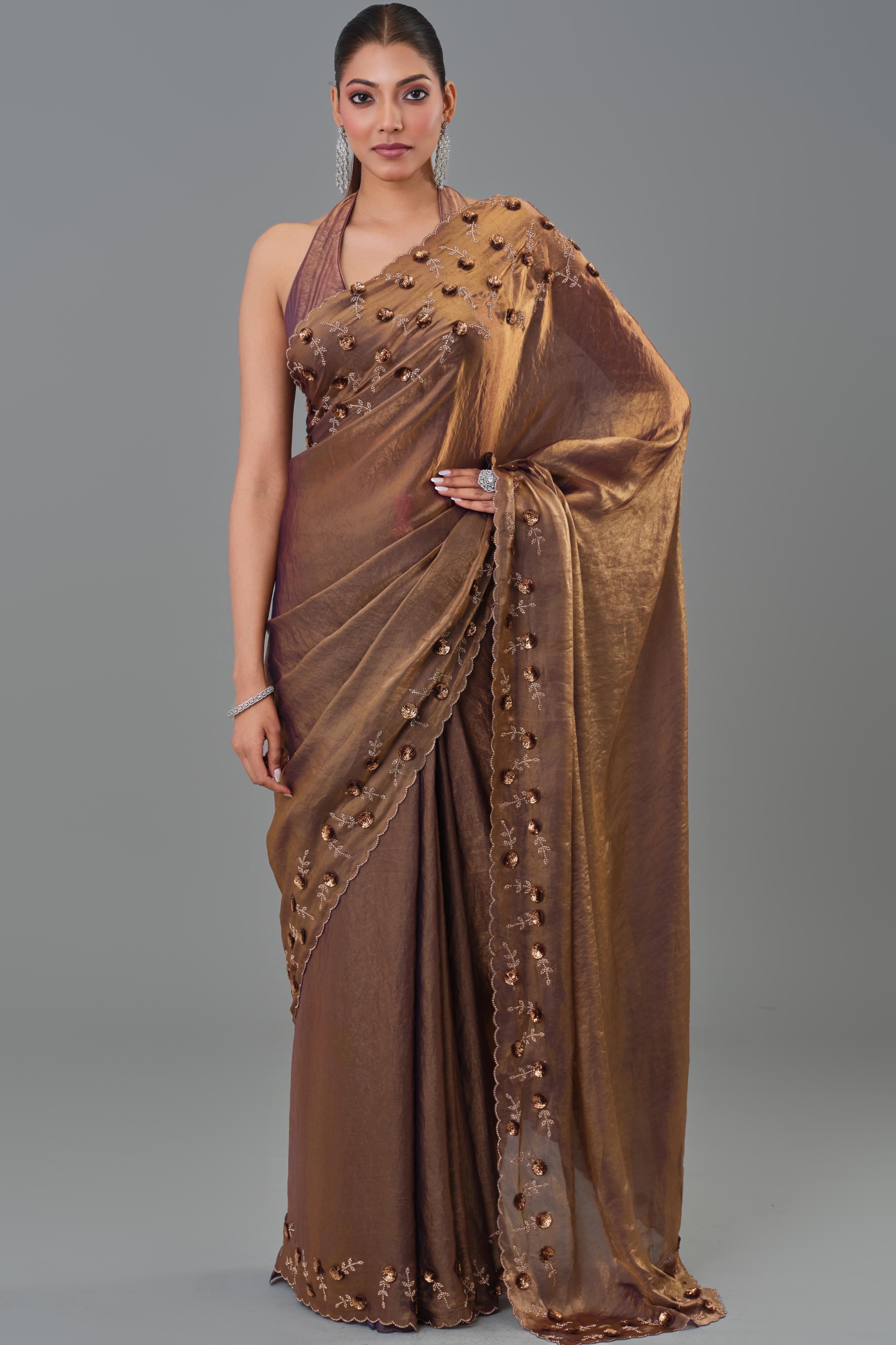 Deep Bronze Embroidered Tissue Silk Saree