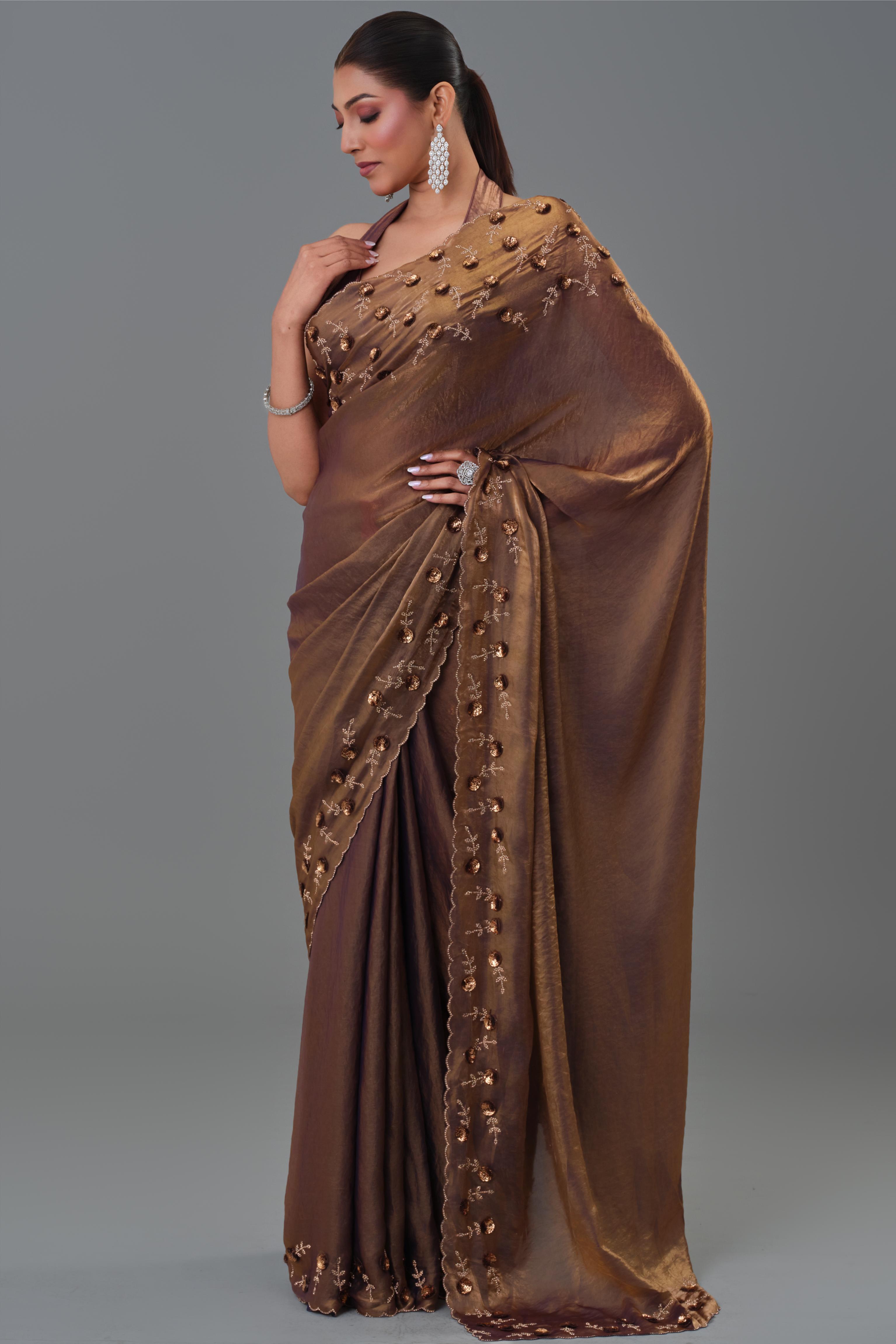 Deep Bronze Embroidered Tissue Silk Saree