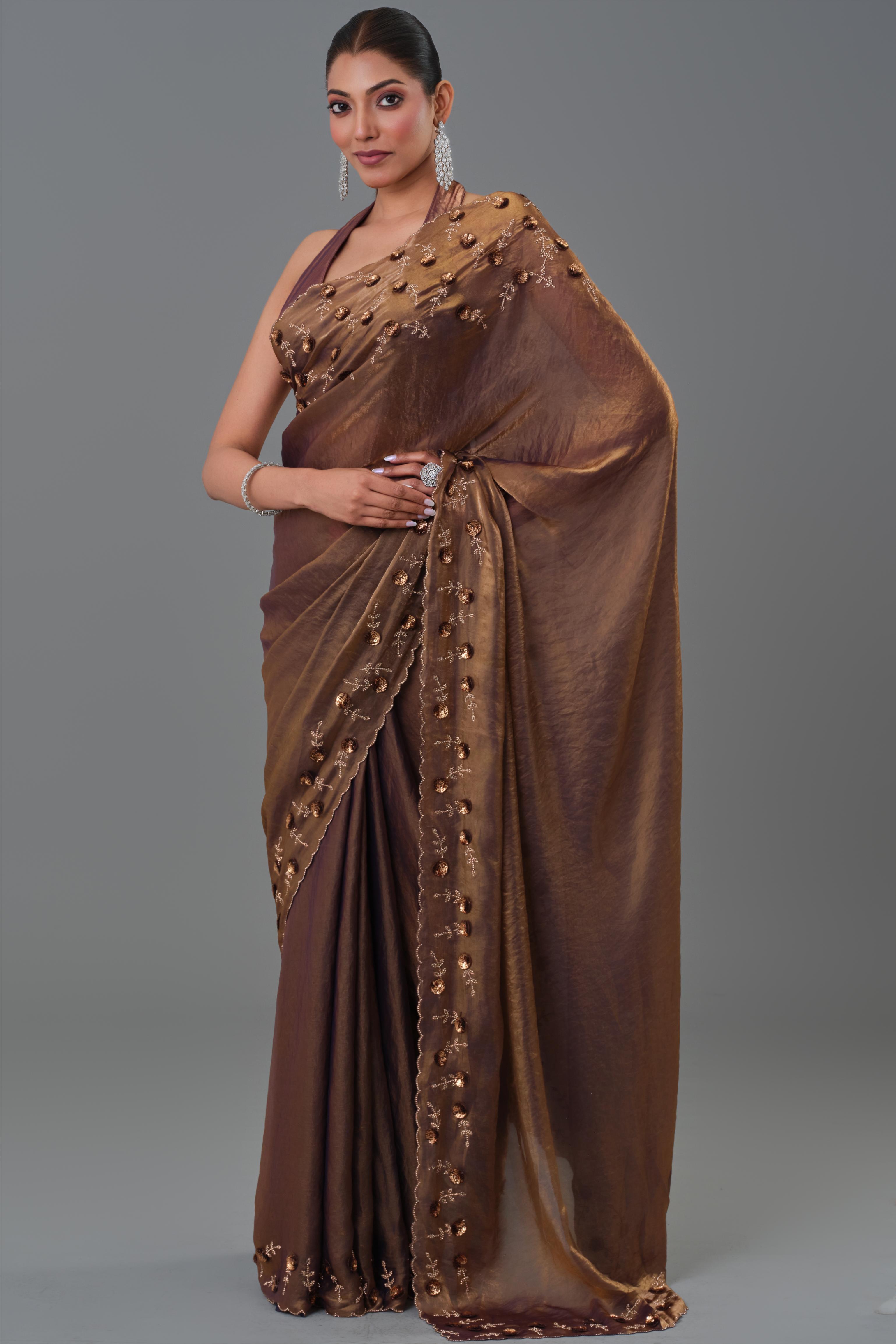 Deep Bronze Embroidered Tissue Silk Saree