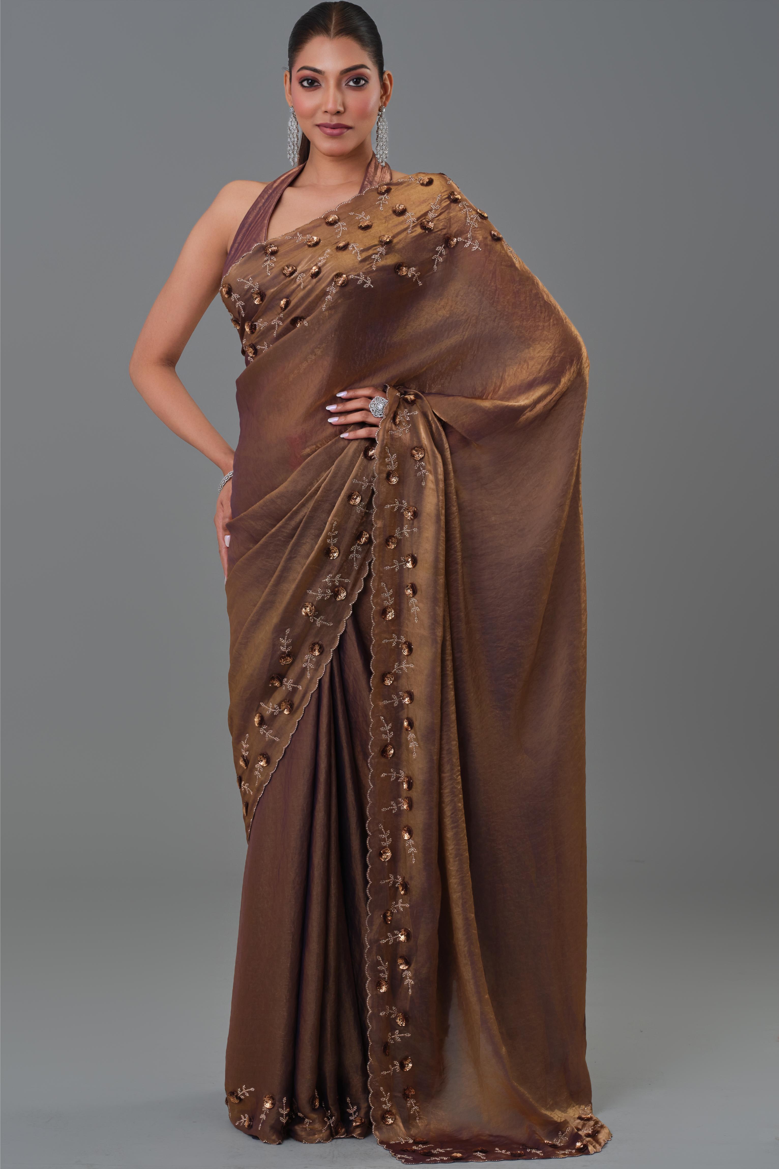 Deep Bronze Embroidered Tissue Silk Saree