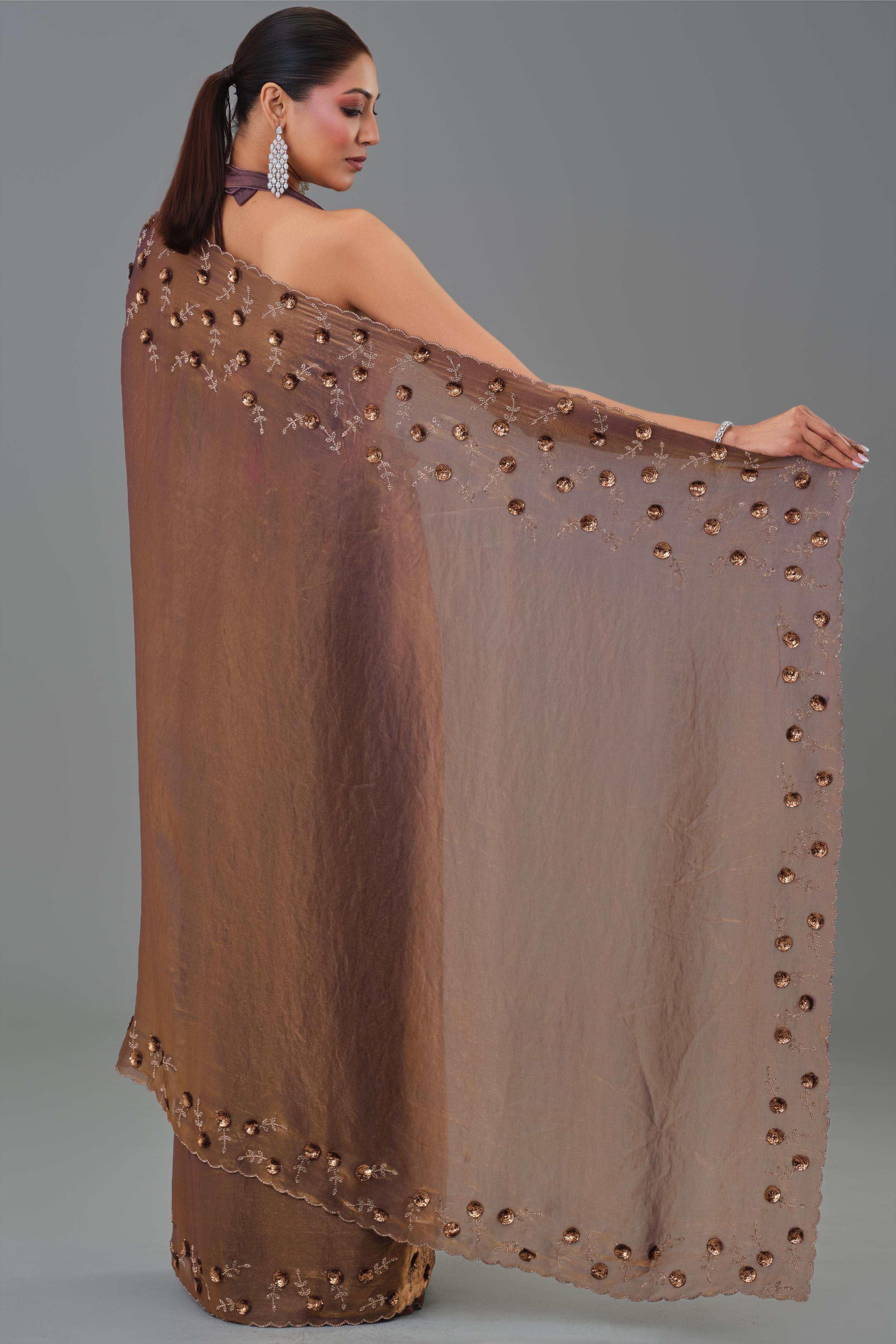 Deep Bronze Embroidered Tissue Silk Saree
