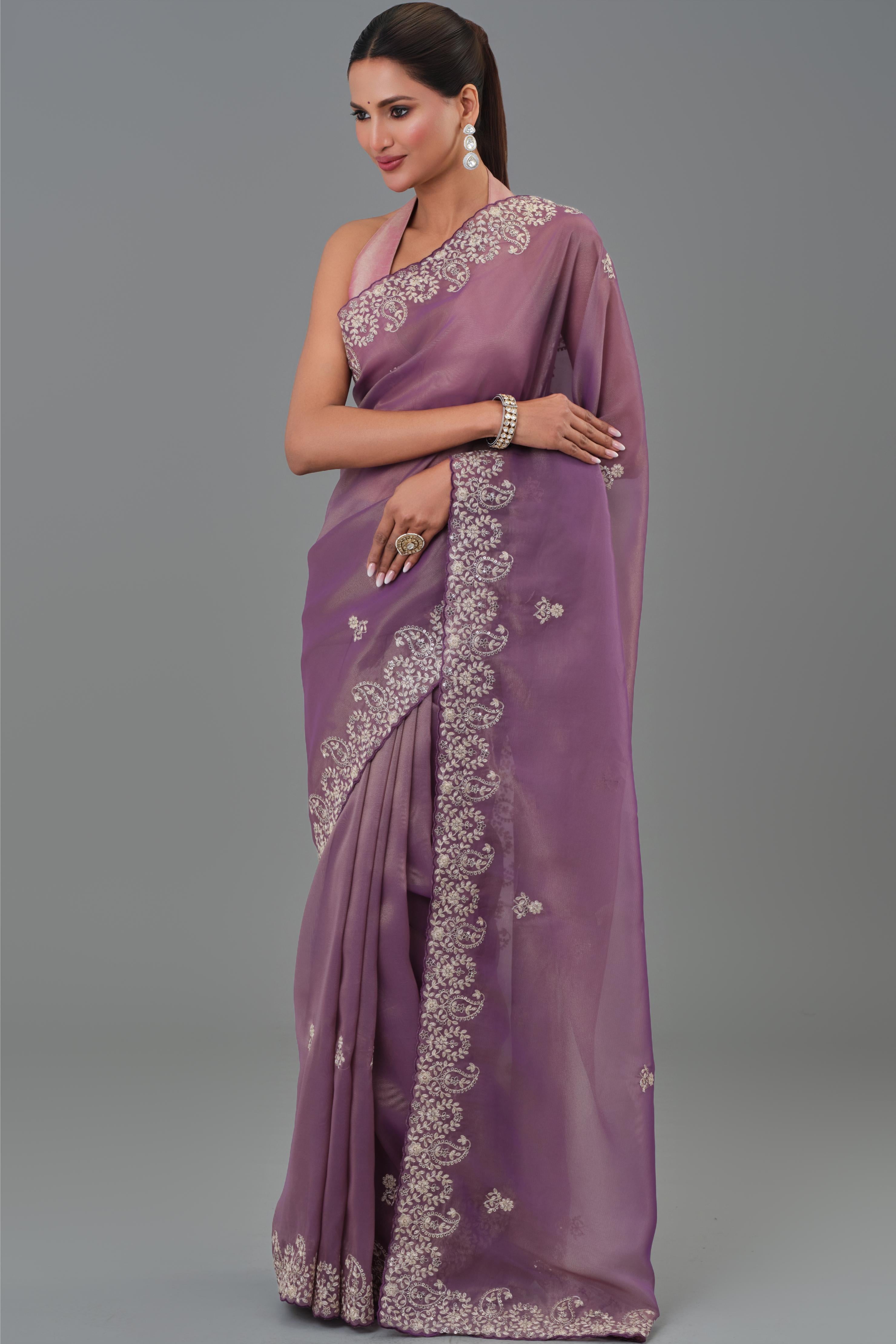 Dark Mauve Embroidered Tissue Silk Saree