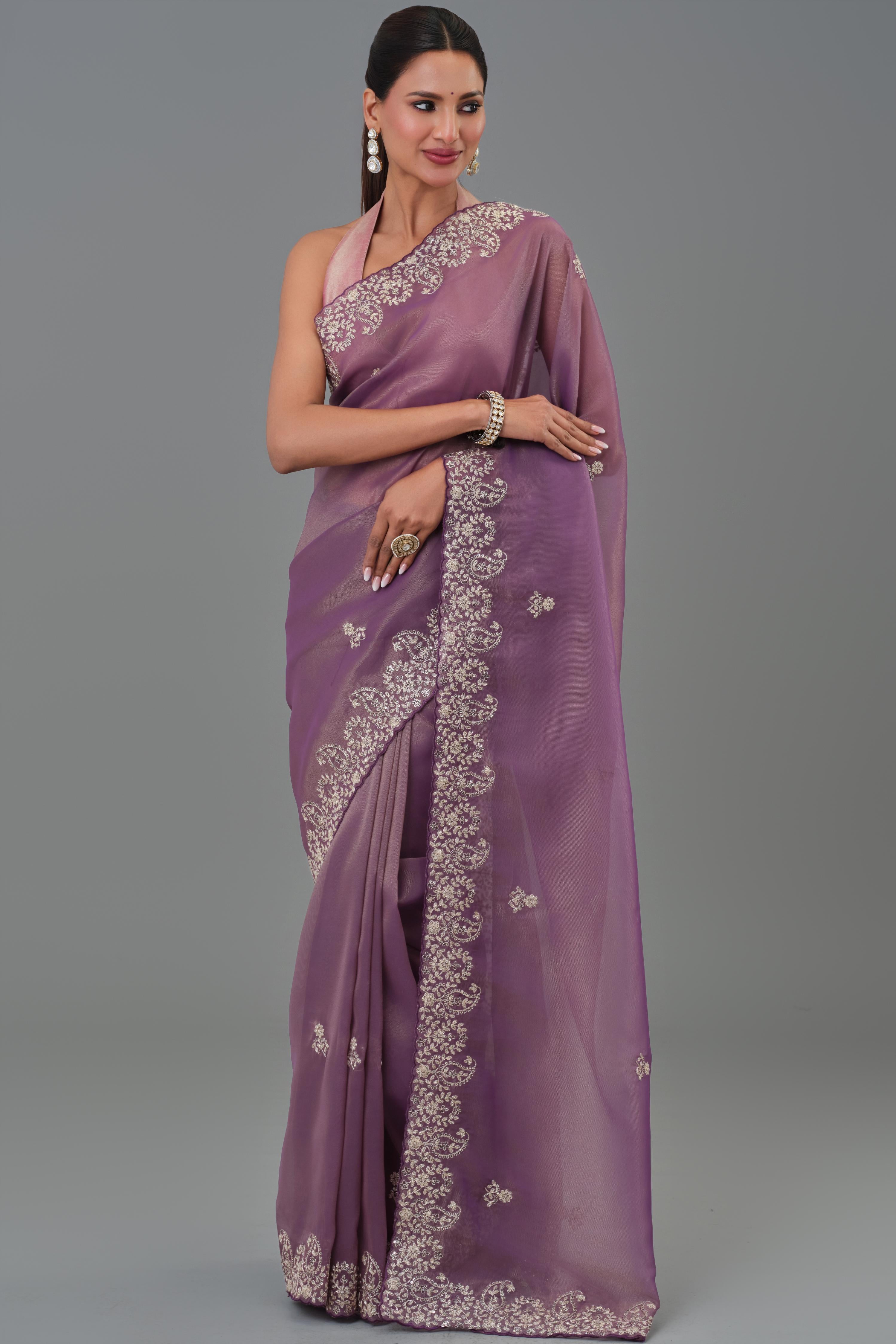 Dark Mauve Embroidered Tissue Silk Saree