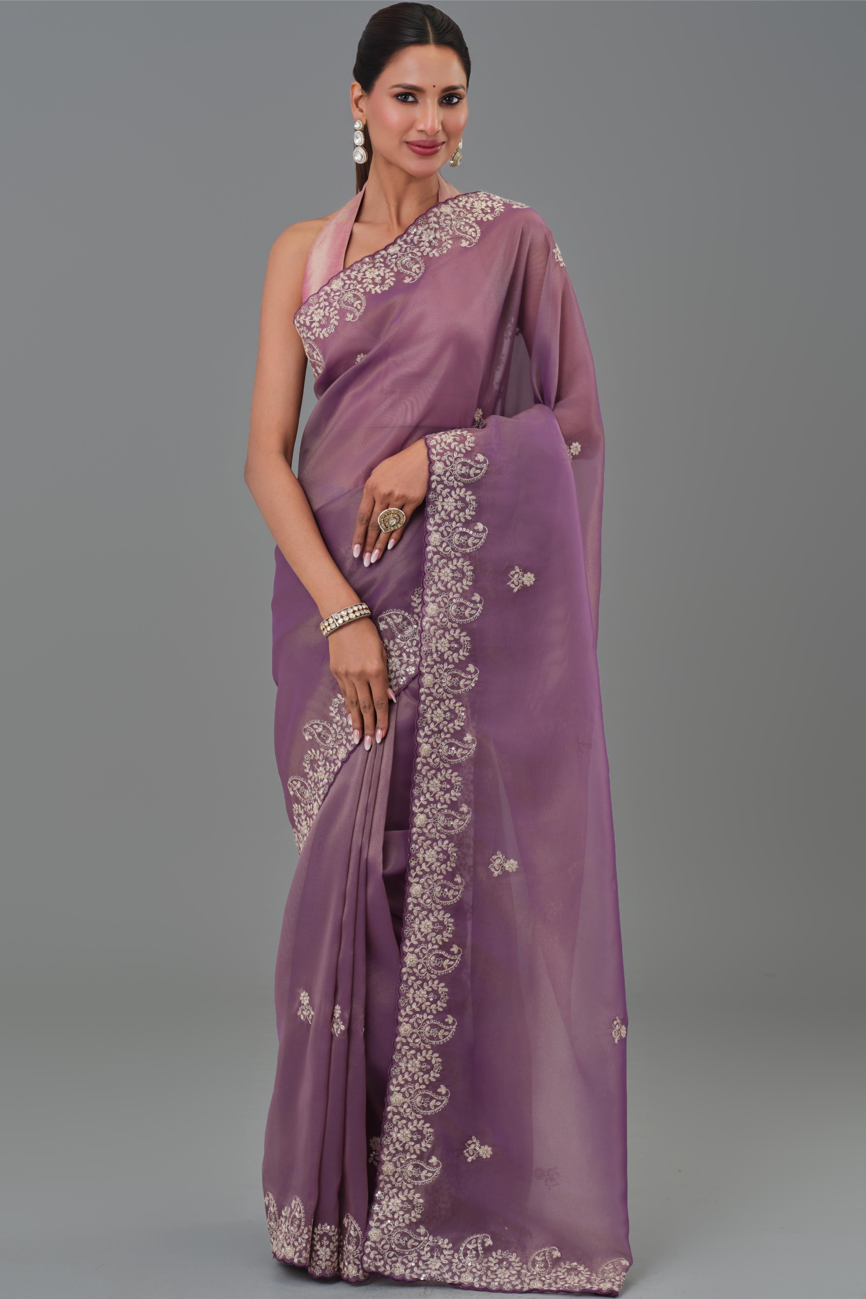 Dark Mauve Embroidered Tissue Silk Saree