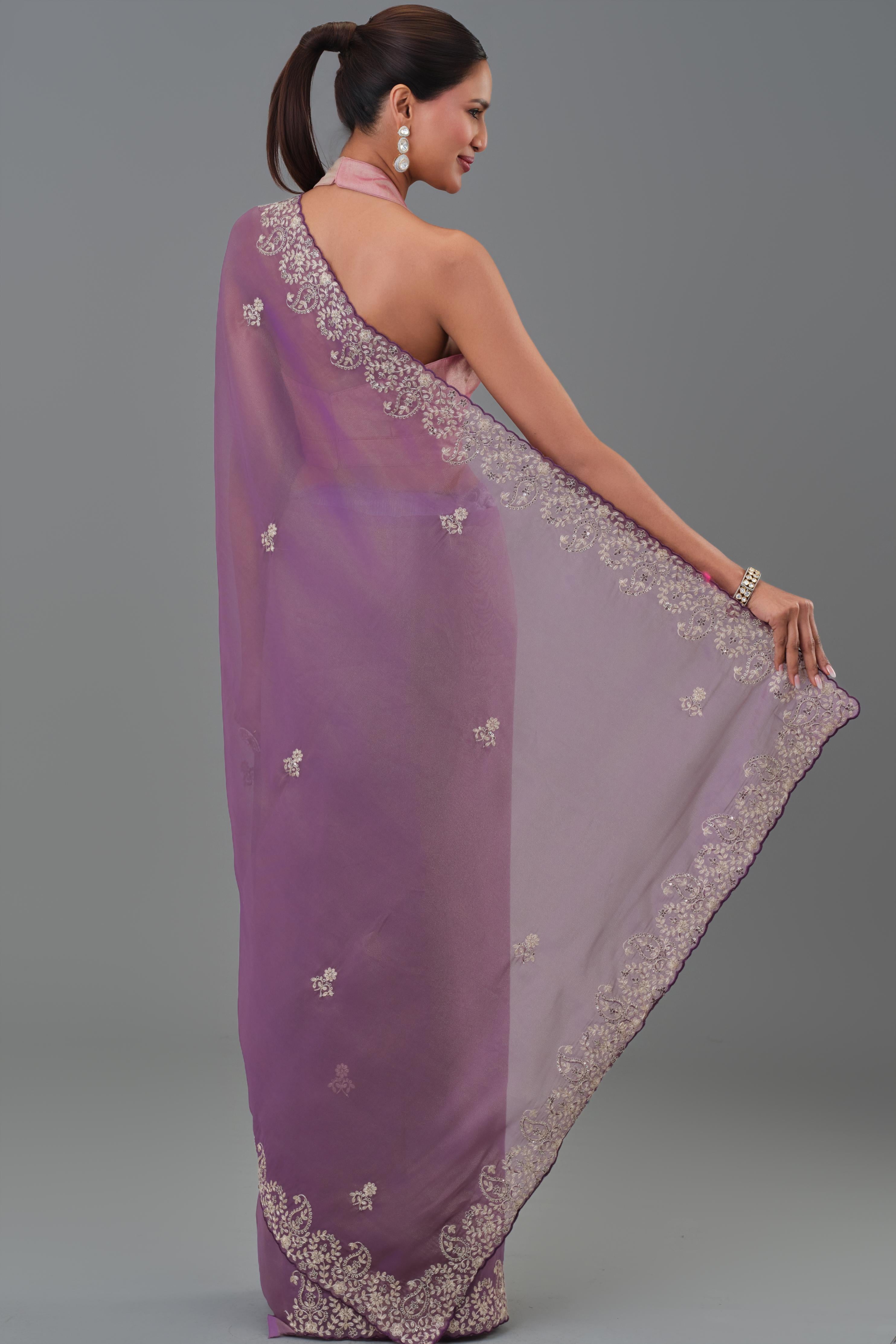 Dark Mauve Embroidered Tissue Silk Saree