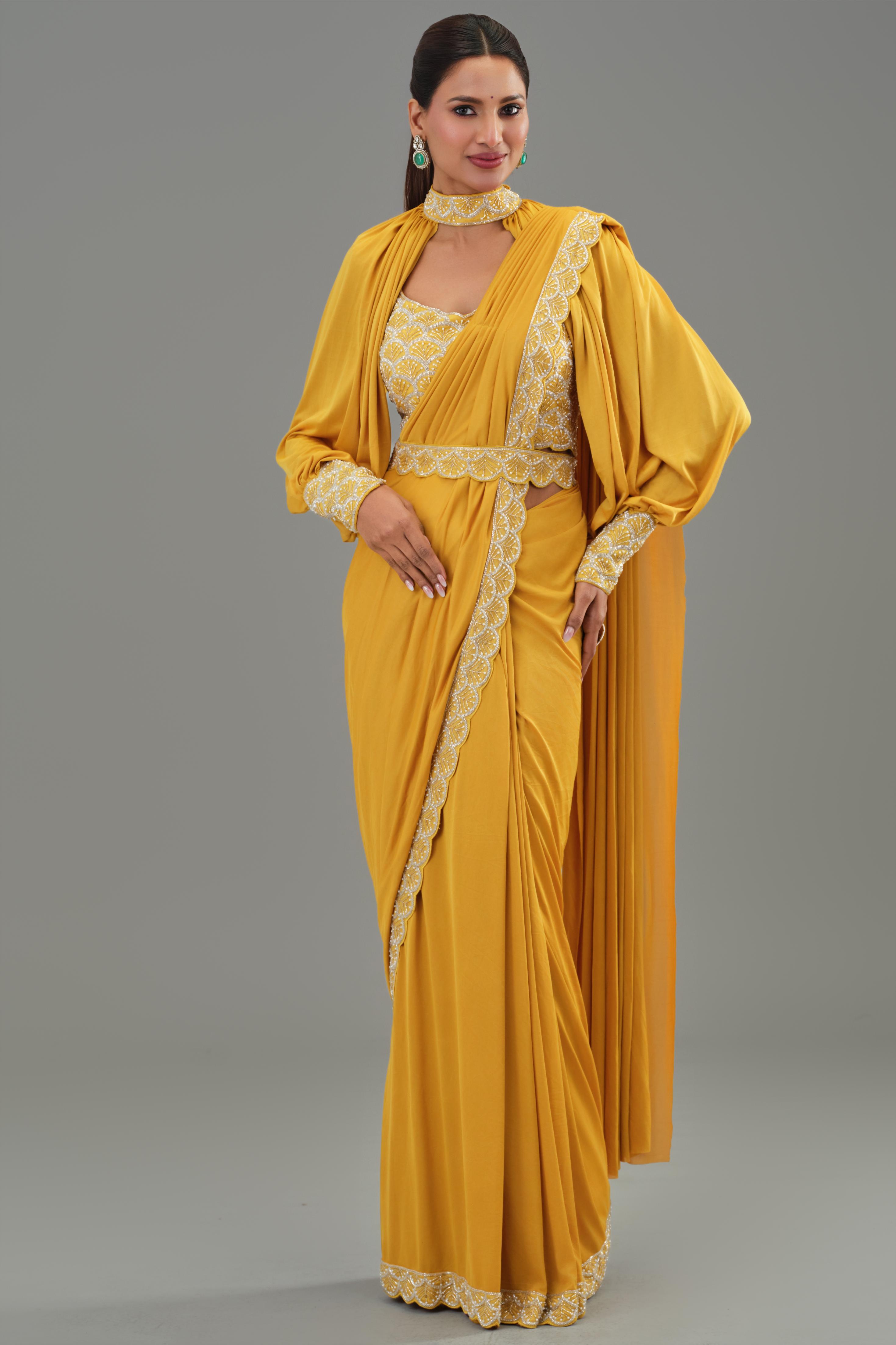 Yellow Embellished Pleated Saree