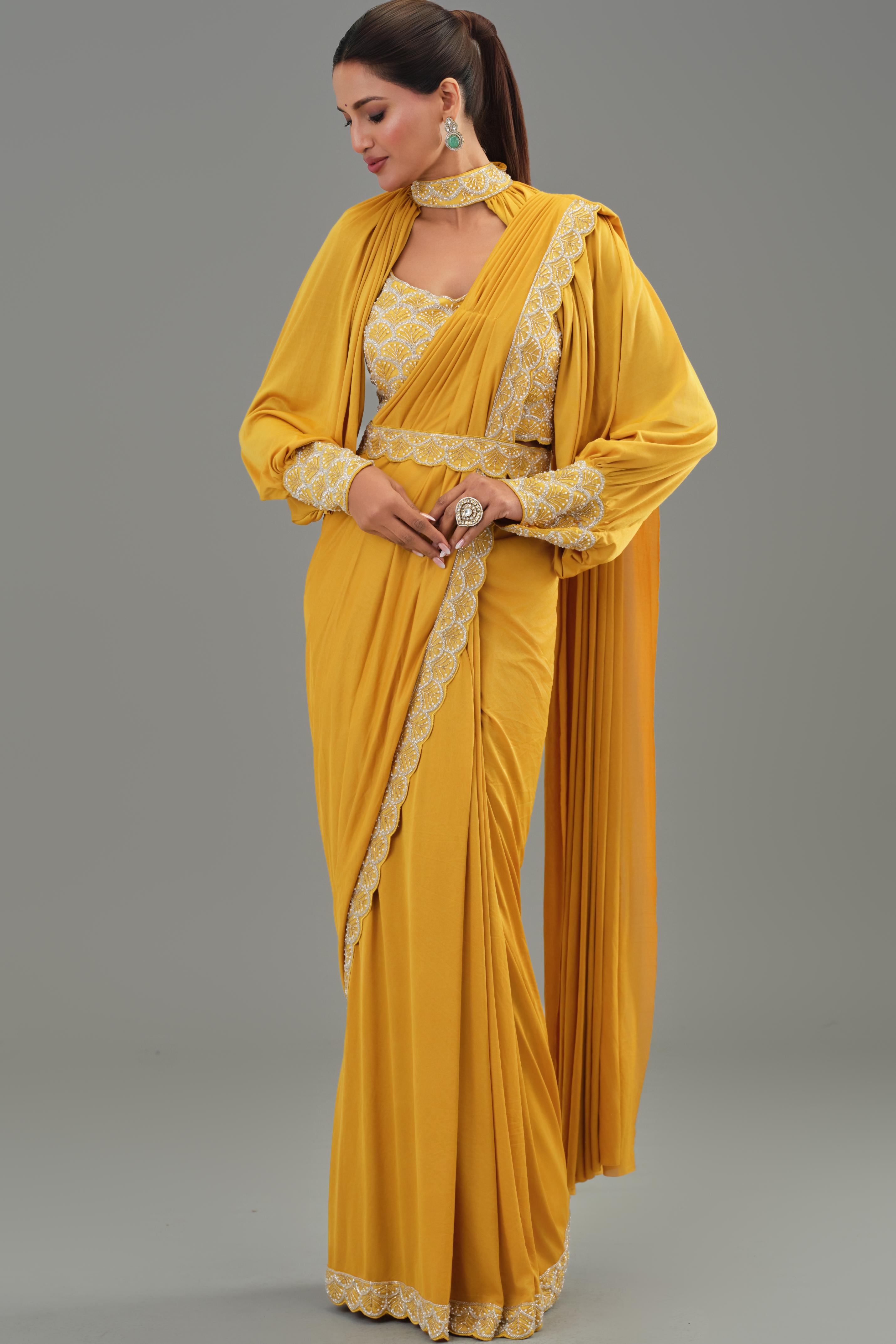 Yellow Embellished Pleated Saree