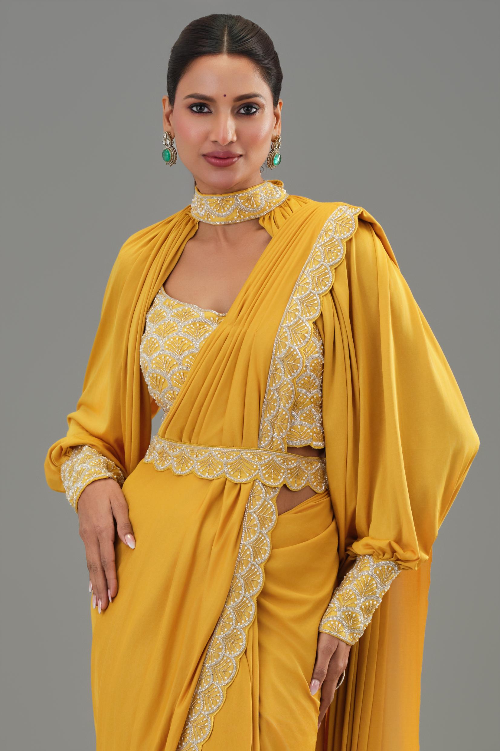 Yellow Embellished Pleated Saree