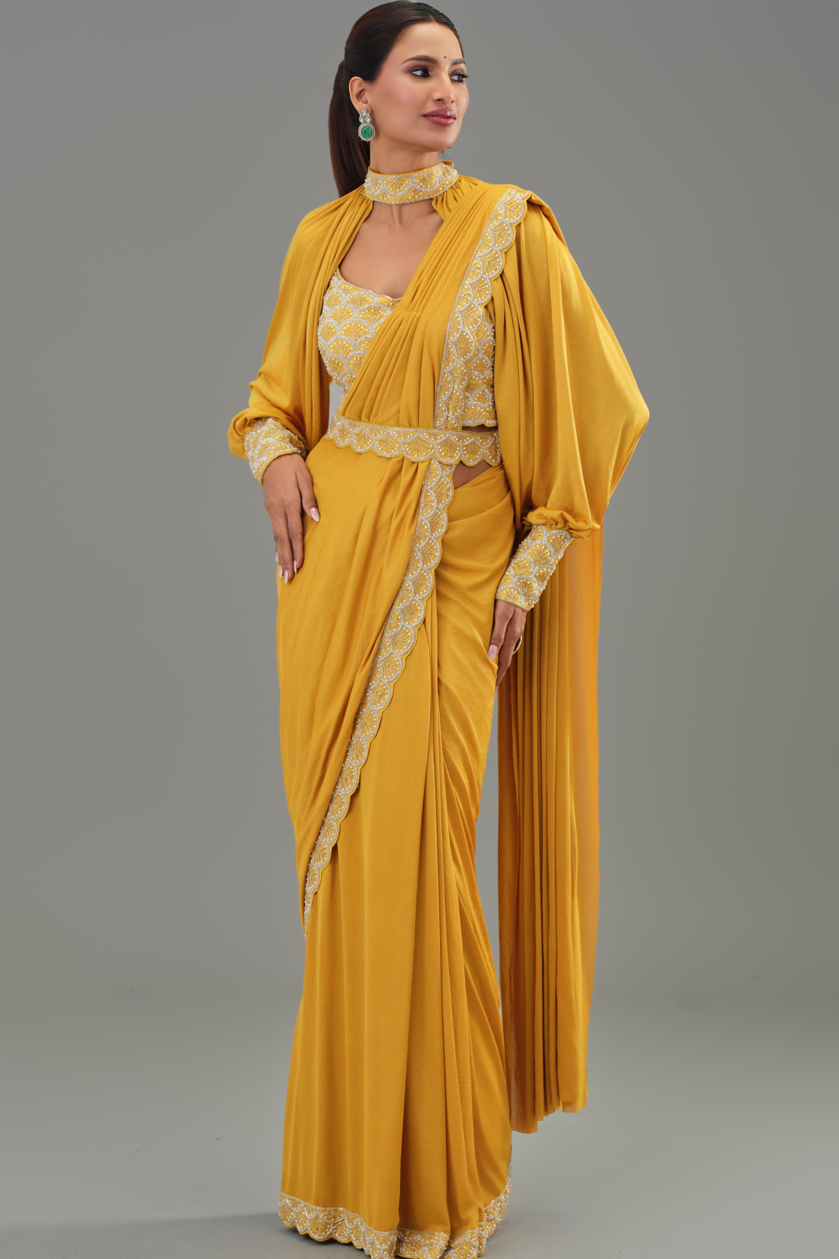 Yellow Embellished Pleated Saree
