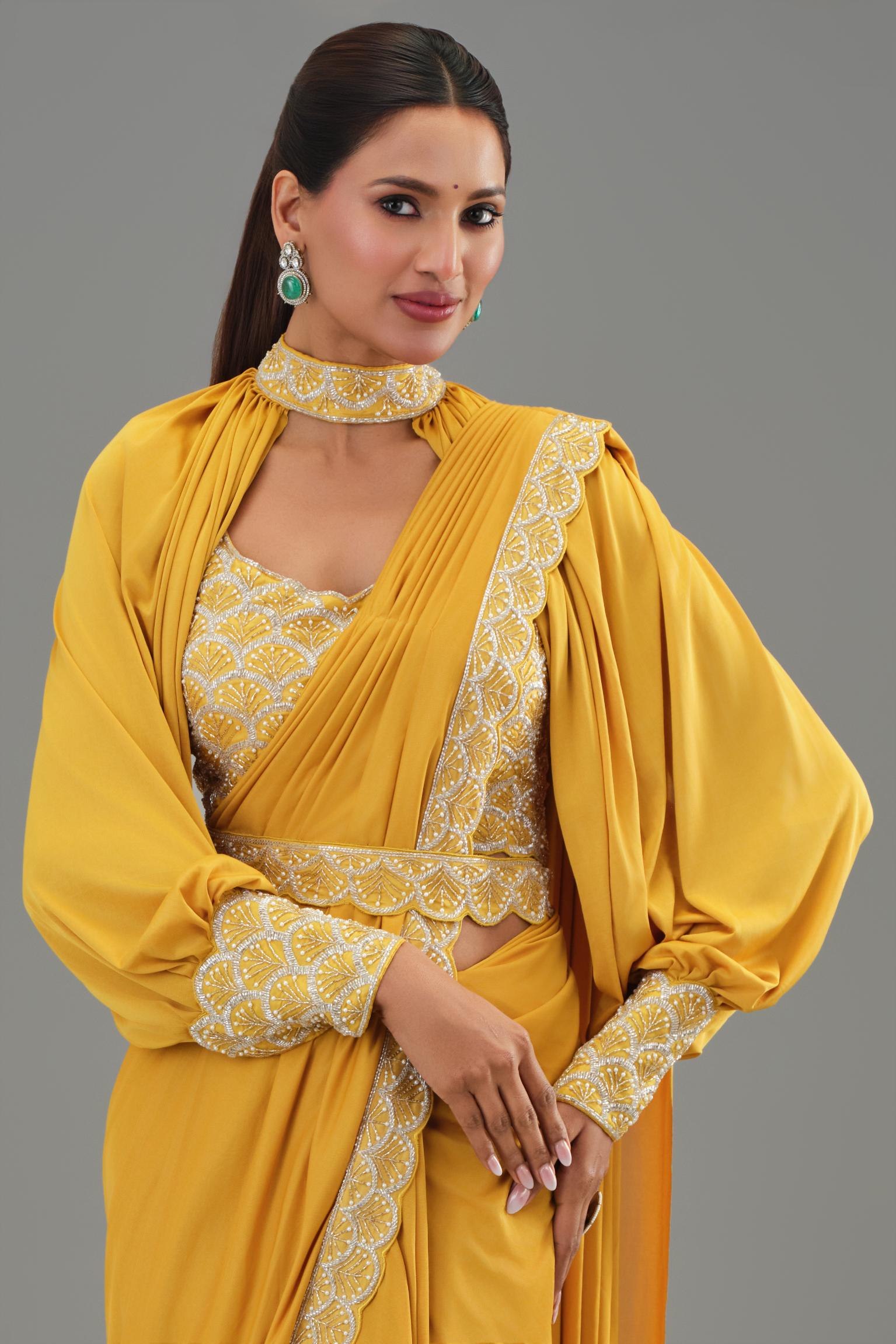 Yellow Embellished Pleated Saree