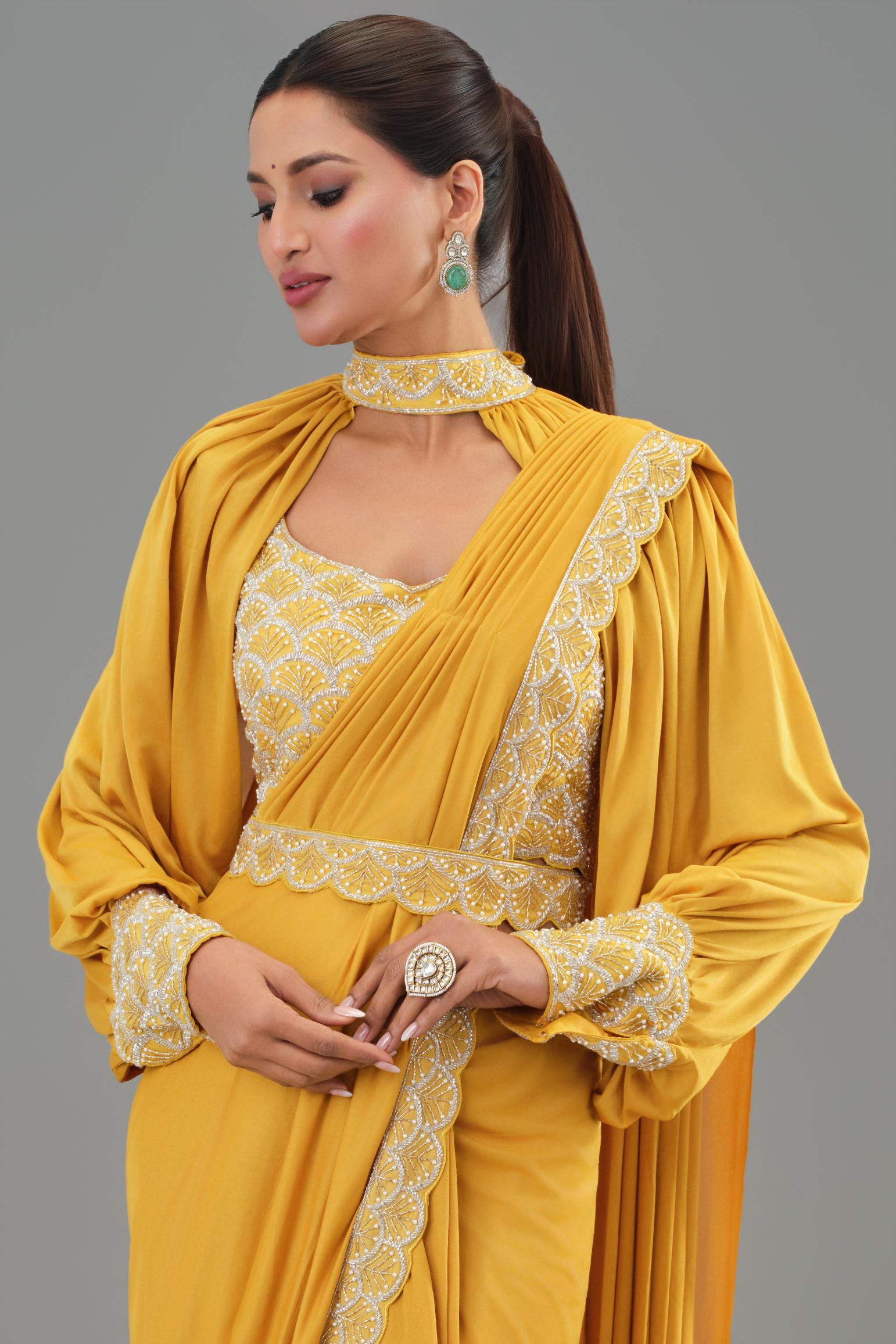 Yellow Embellished Pleated Saree